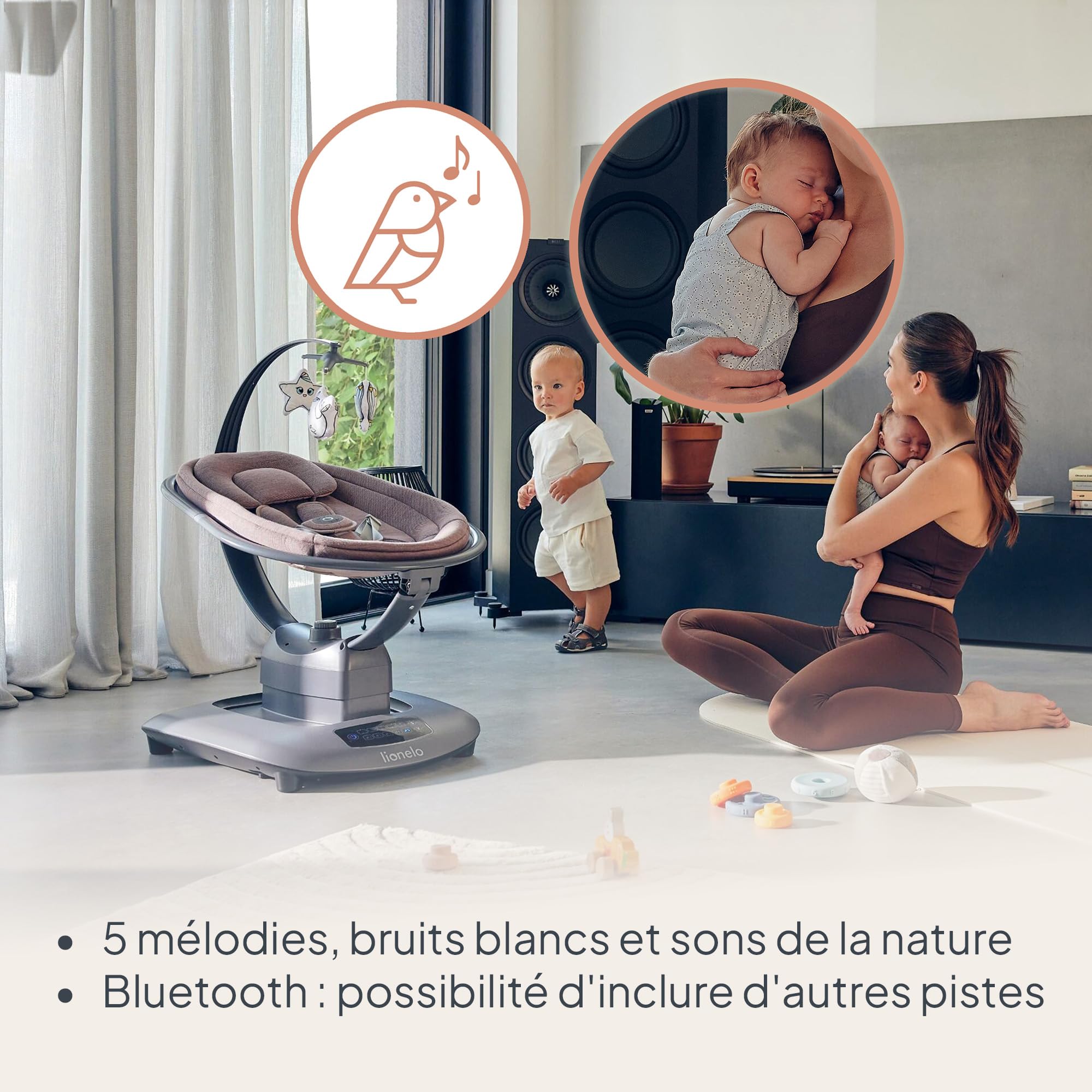 LIONELO BLOSSOM Berceuse Bébé Électrique jusqu'à 9 kg Transat Enfants Dossier Réglable Bercement Naturel 5 Vitesses Siège Ergonomique Télécommande Bluetooth, 5 Mélodies (PINK) (Pink) (Pink)