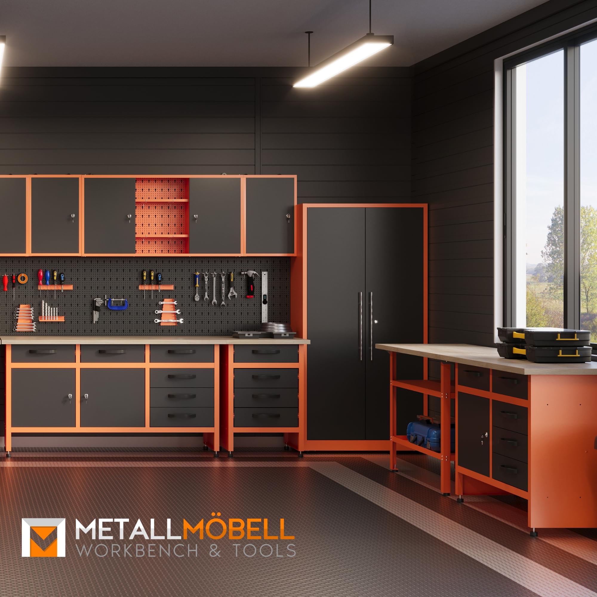 METALLMOBELL - Banco da Lavoro Officina, 160x60x84cm, con Cassetti e Armadietto, Tavolo da Lavoro Garage, Banchetto da Lavoro, Banco da Falegname, Banco da Lavoro Garage, Banco Lavoro MB010N