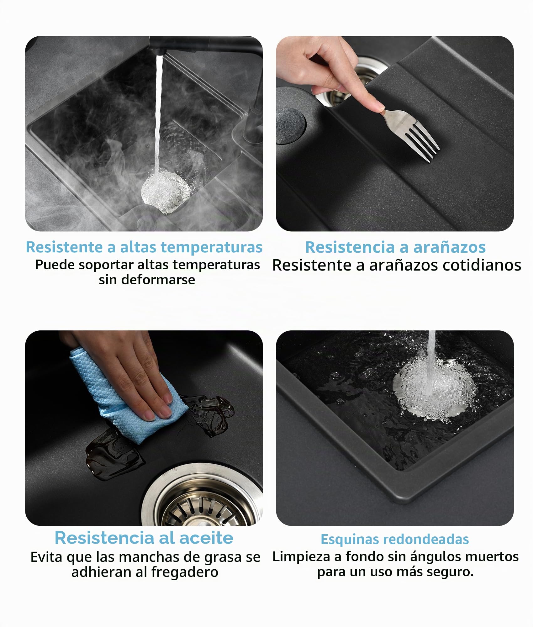 Fregadero Cocina Negro de Granito,Fregadero Cocina 1 Seno con Escurridor 65x43cm,Cesta de Escurrido + Fregadero Interior Adicional + Accesorios de Desagüe,Apto para Muebles Bajos desde 40cm de Ancho