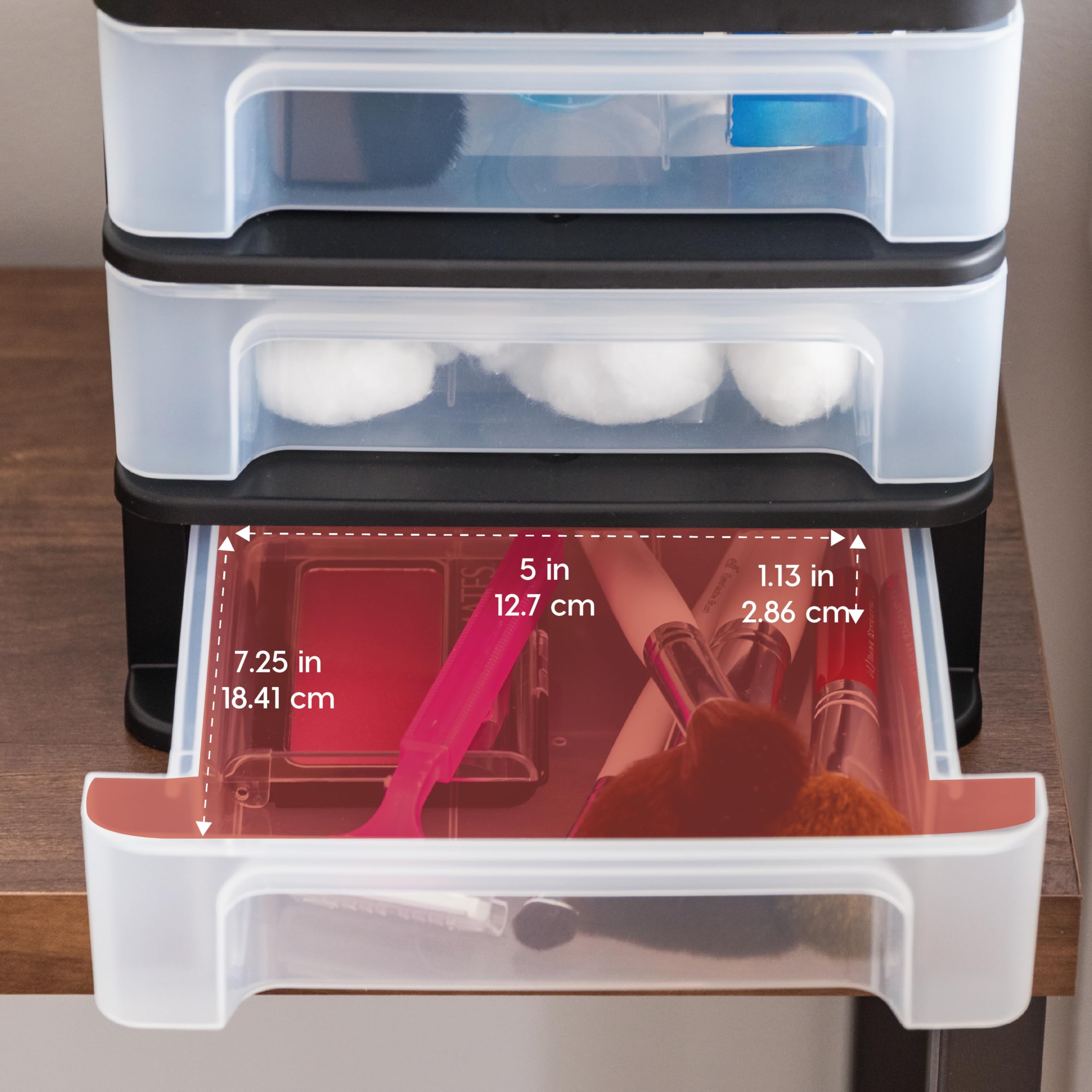 IRIS Lot de 4 petits organiseurs de bureau à 3 tiroirs, empilables, pour bureau, école, papeterie, maquillage, salle de bain, utilitaire, fournitures médicales, rangement polyvalent, noir