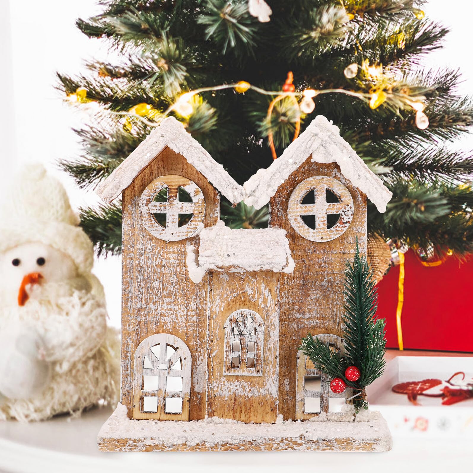 STOBAZA Adorno Navideño de Casa de Madera Pequeña Luz Nocturna Integrada Decoración Navideña sin Pilas Miniatura Efecto Nieve para Ambiente Festivo y Sala de Estar