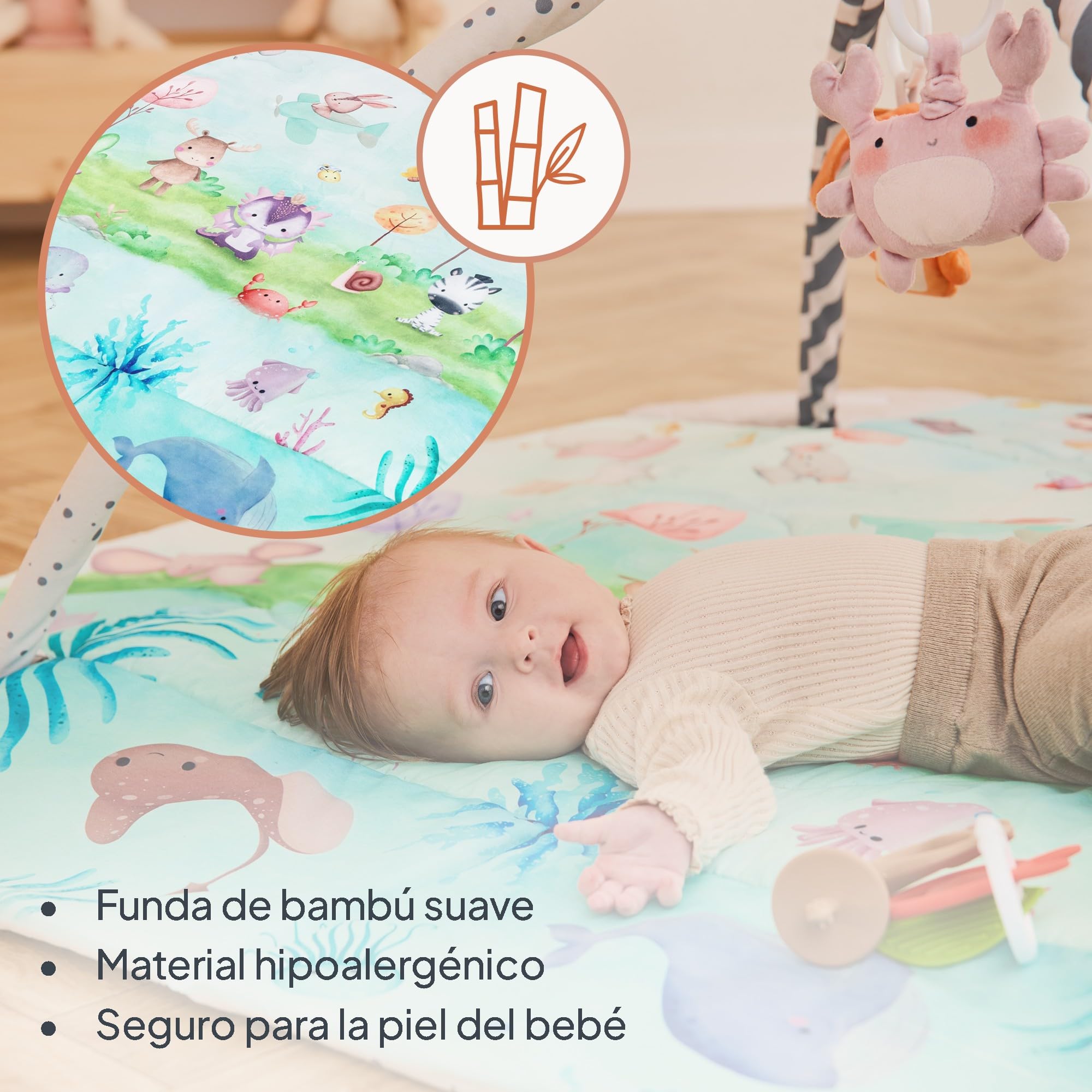 lionelo Anika Natural Alfombra Bebe Juegos de bambú con 8 Juguetes Bebes Desmontables, Gimnasio Actividades Bebe con Arco, Desde recién Nacido | Hipoalergénico | 8 Juguetes Desmontables con Espejo Sonajero y Cojín Tummy Time | Arcos Plegables Espacio Segu