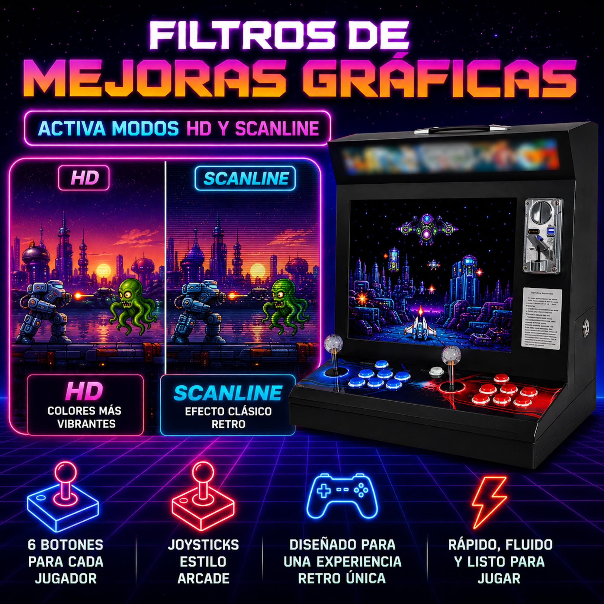 Máquina Arcade Tipo Bar Top 17” 4:3 | 9.800 Títulos Retro y 3D | 2 Jugadores con 6 Botones y Joysticks Arcade | Altavoces y Monedero Integrados | Compatible con hasta 4 Jugadores