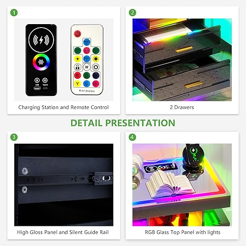 Miniatura 13 de HNEBC Mesita de noche LED, mesita de noche negra con estación de carga, USB + tipo C + carga inalámbrica, mesita de noche inteligente con sensor