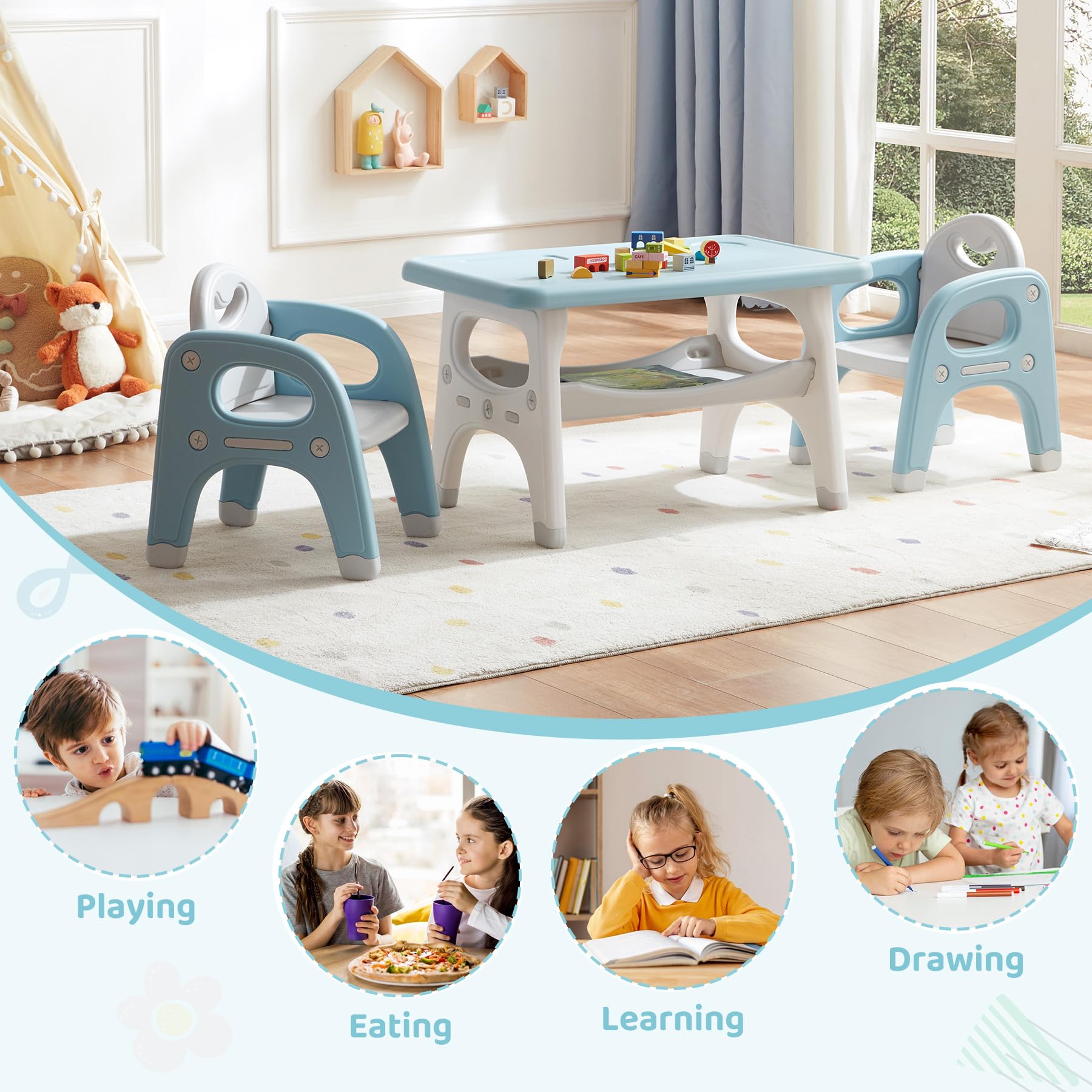 Kids Table and Chairs Set, Activity Table with 2 Chairs for Ages 3-6, Toddler Table and Chair Set Ideal for Reading, Drawing, Dining, Arts Crafts,Gifts for Kids (Blue)