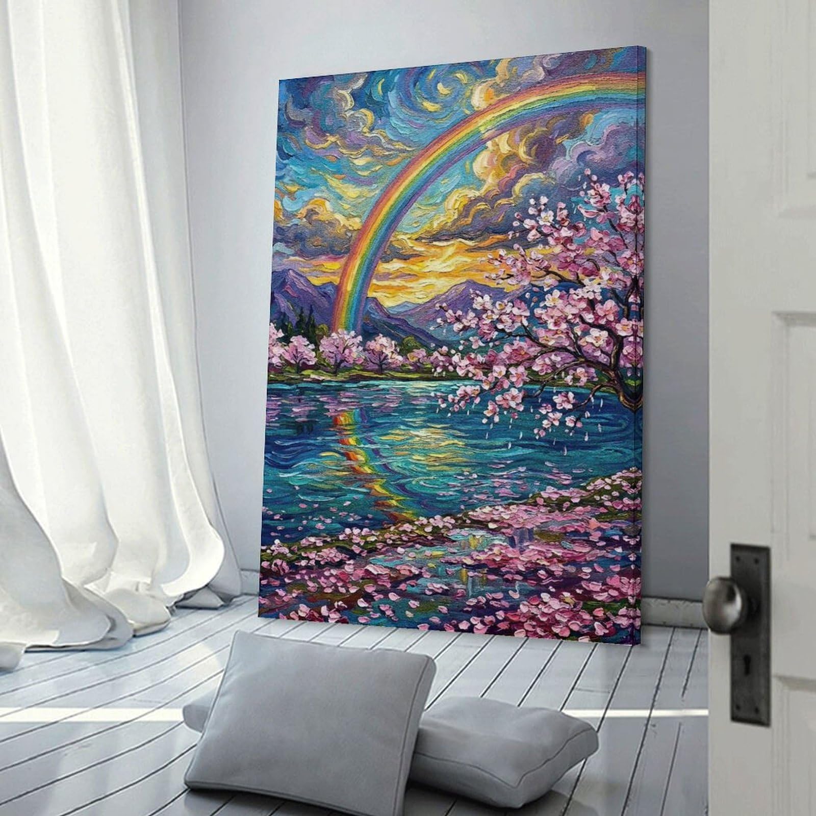 Junmoney Rainbow over Cherry Blossoms Painting Canvas Wall Decor, 20x30inch(50x75cm), for Lounge Decor, Bedroom Walls Or Flats, Eye Catching Artwork for Blank Walls
