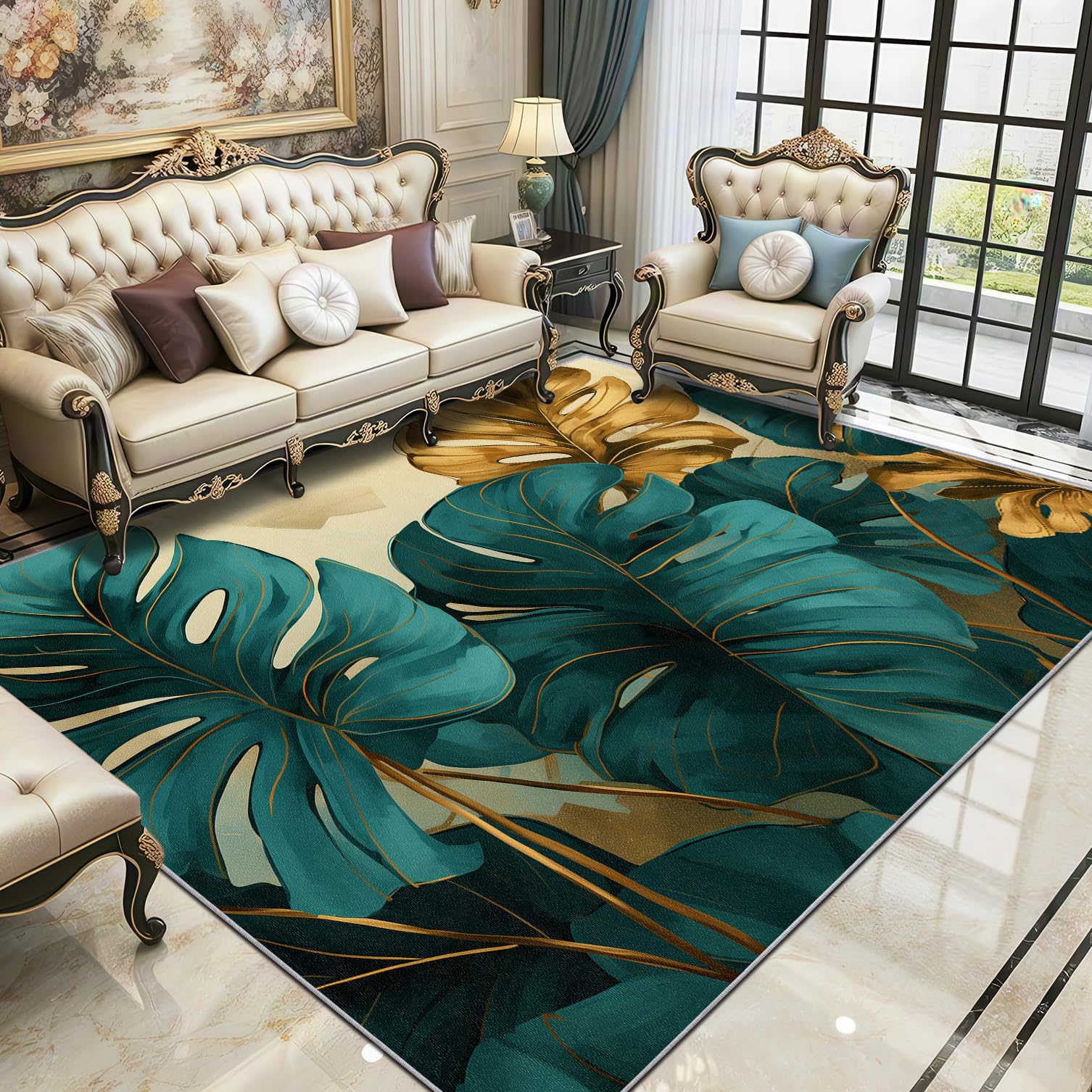 Monstera Rug - Tropical Leaf Botanical Small Rugs for Bedroom 50x80, Modern Luxury Leaves Floor Mat Soft Washable Non Slip Indoor Mats