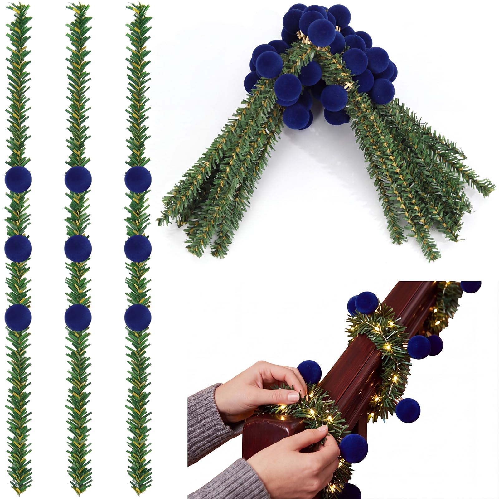 Soulchen 24 lazos de guirnalda de Navidad de 20 pulgadas con bolas de terciopelo, lazos decorativos para barandilla, escaleras, barandillas, reutilizables, flexibles para decoración de Navidad
