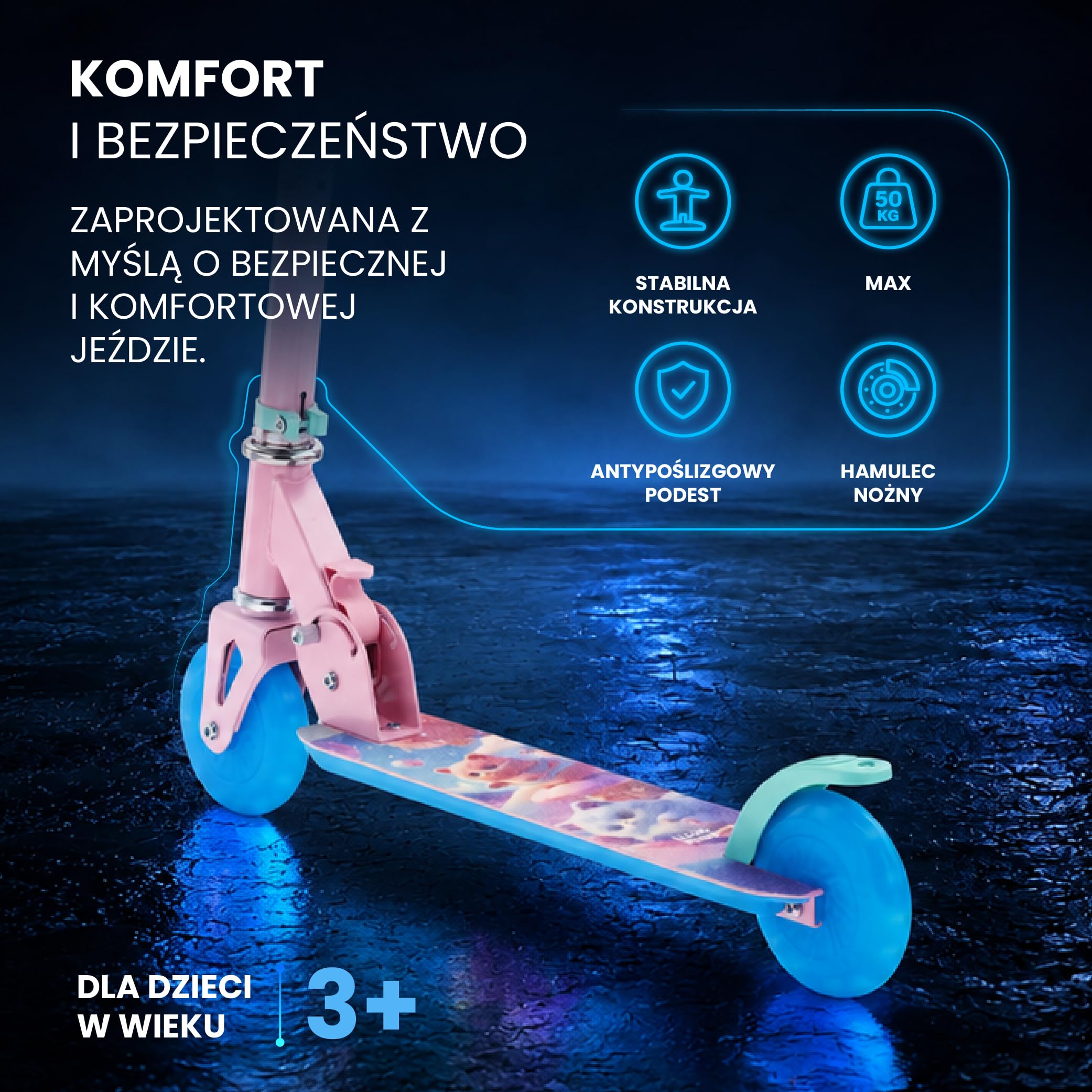 SUN BABY LUMI RIDE Hulajnoga dwukołowa dla dzieci, światła LED | od 3 lat, 7 kolorów, 20 programów, 3 poziomy regulacji kierownicy, hamulec nożny, wyjmowane rączki