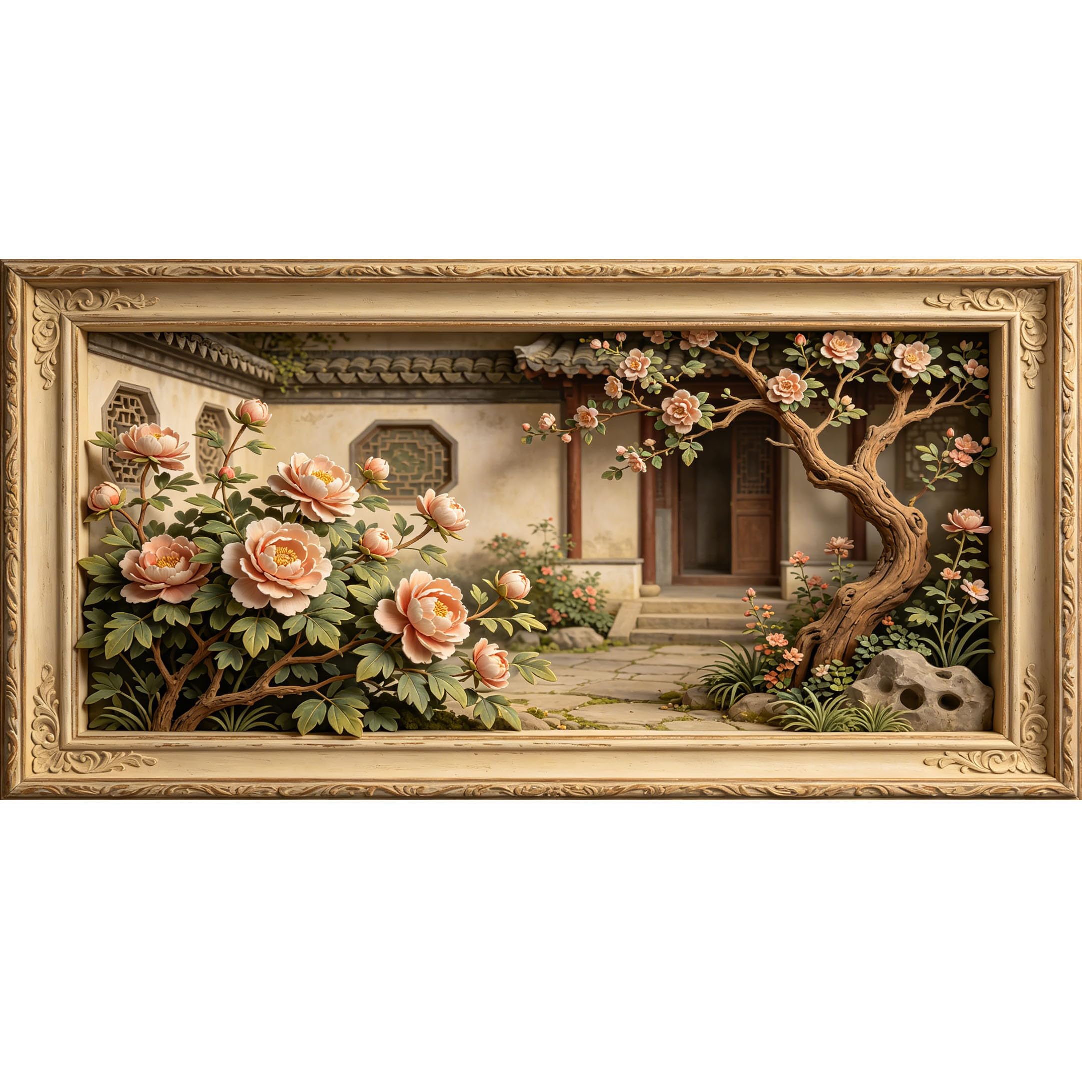 Agglomerix 3D Framed Wall Art Peony Blossom Oriental Courtyard Botanical Relief Effect Large Size SelfAdhesive Removable Wall Decor Prints Artwork for Living Room Bedroom Office
