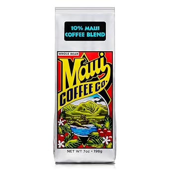 Maui Coffee Company Maui Blend Coffee, Whole Bean, 10% Maui Coffee Dark Roasted in Lahaina, Hawaii, 7 oz. Bag