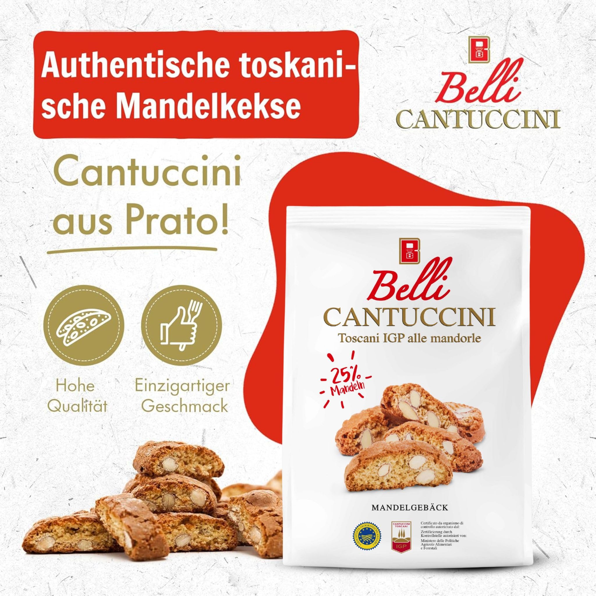 Belli Cantuccini 10er Pack IGP alle mandorle 25% Mandeln (10x 250g) | Mandelgebäck aus Italien | Keks mit Mandeln | 2500g abgepackte Gebäckstücke | italienische Kekse