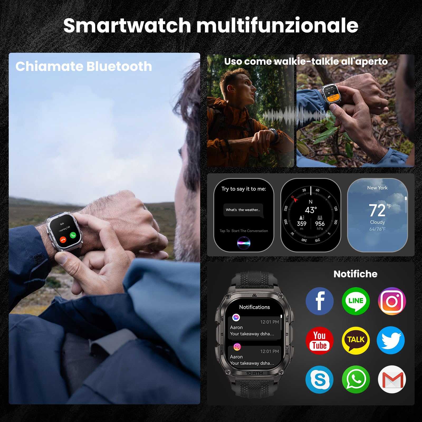 KOSPET TANK M4 Smartwatch Uomo Rugged Acciaio, GPS con Mappe Offline, Display AMOLED 1,96", Impermeabile 10ATM fino a 45m, 180+ Modalità Sportive, Chiamate Bluetooth, Monitor Fitness 24/7