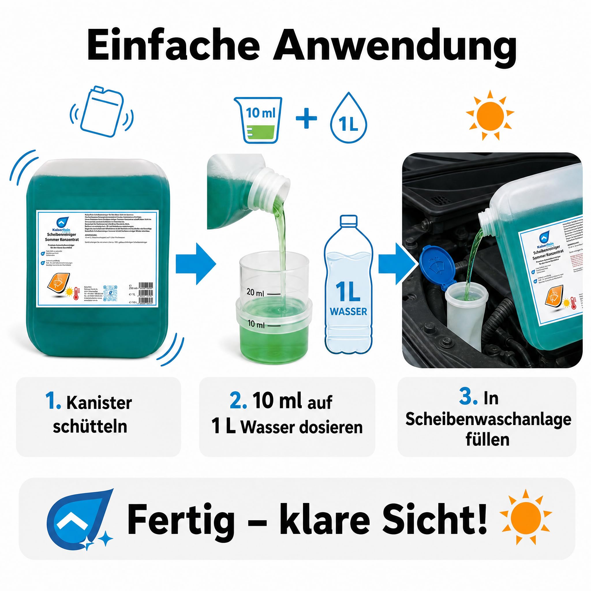 KaiserRein Scheibenreiniger Auto Sommer Konzentrat 10L Kanister Scheibenwischwasser Auto Wischwasser Sommer guter Geruch Autoscheibenreiniger