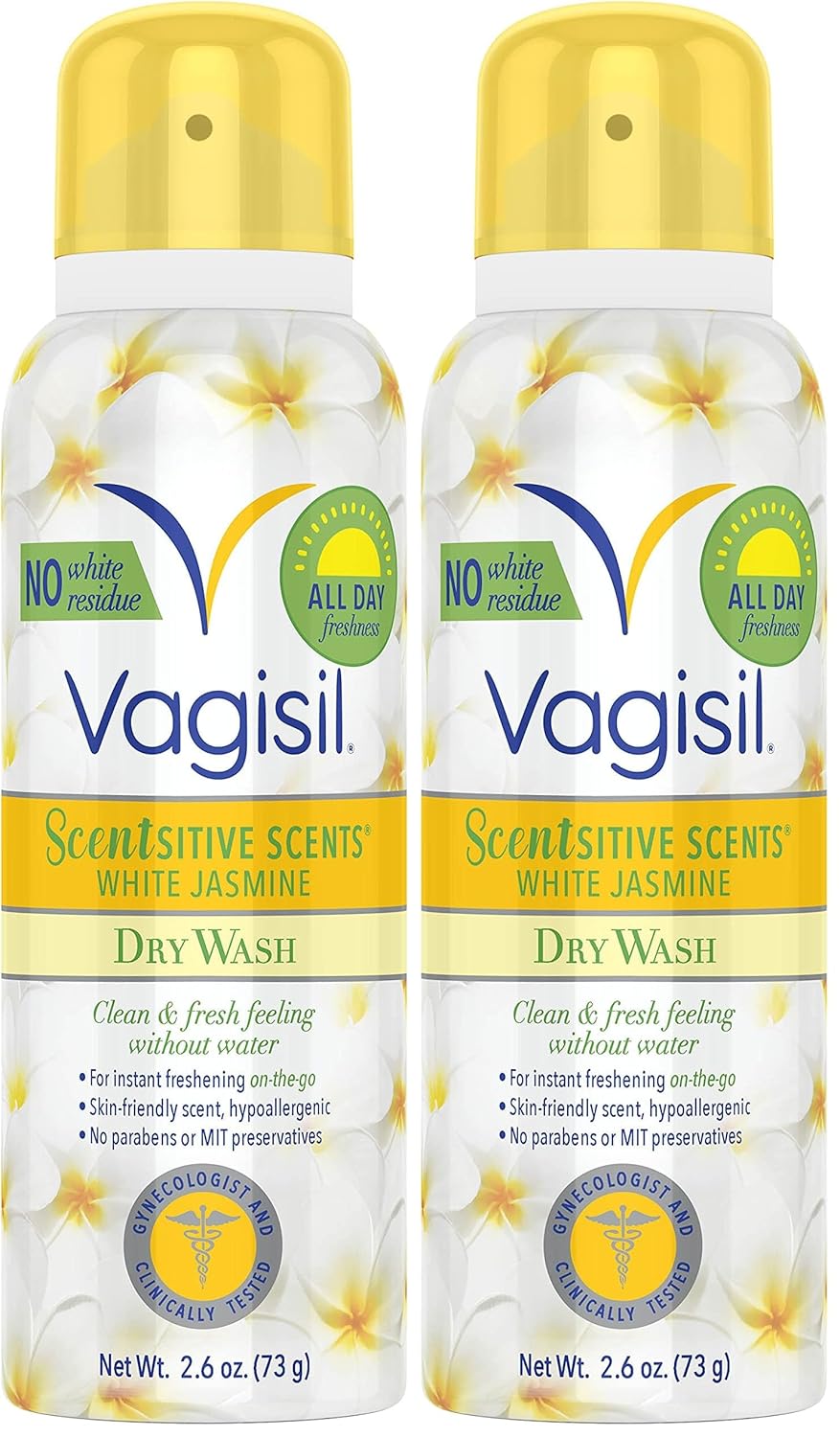 Vagisil Scentsitive Scents Feminine Dry Wash Deodorant Spray for Women, Gynecologist Tested, Paraben Free, White Jasmine, 2.6 Ounce (Pack of 2)
