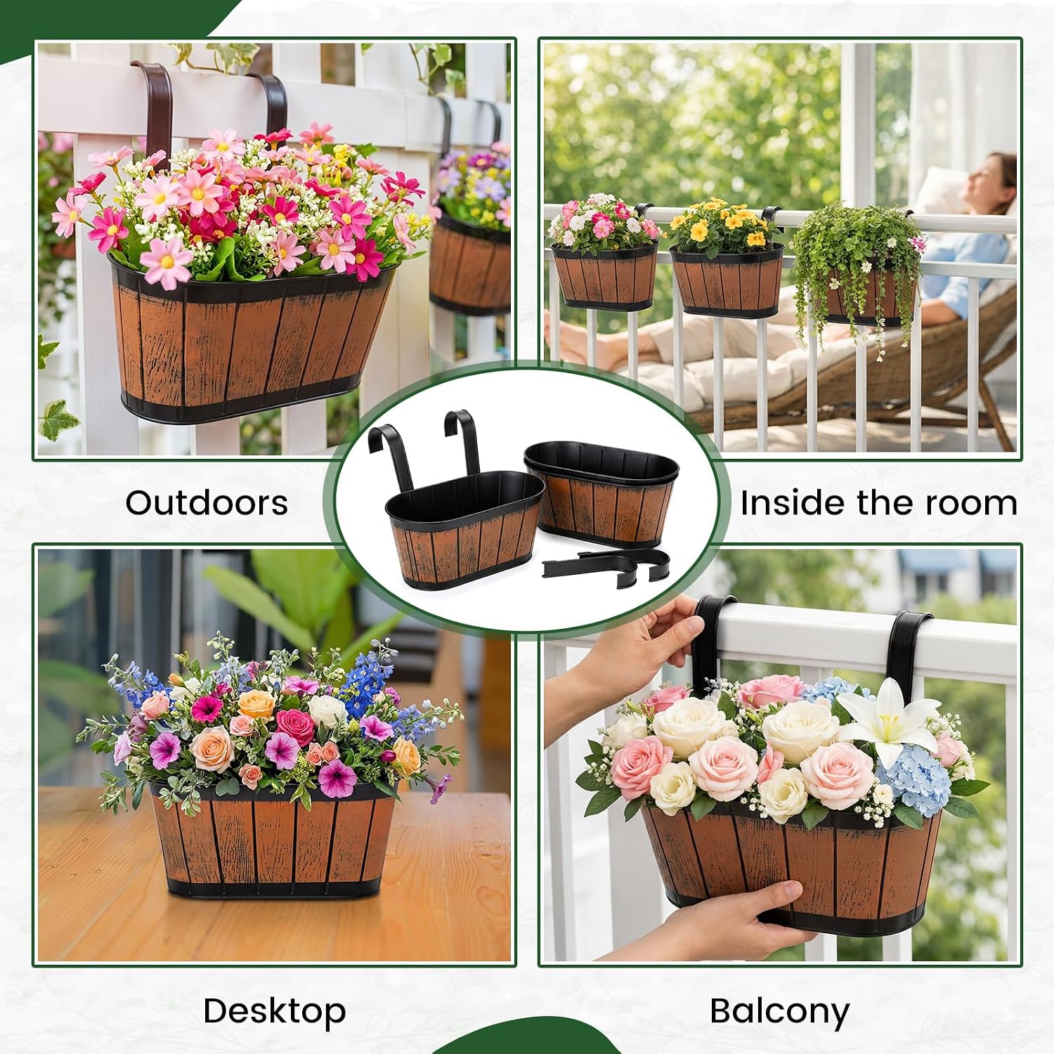 3 Pcs 10.5" Wine Barrel Planter Metal Fence Hanging Flower Pots Outdoor Wine Barrel Wall Planter with Detachable Hooks for Fence Garden Yard Home Decor
