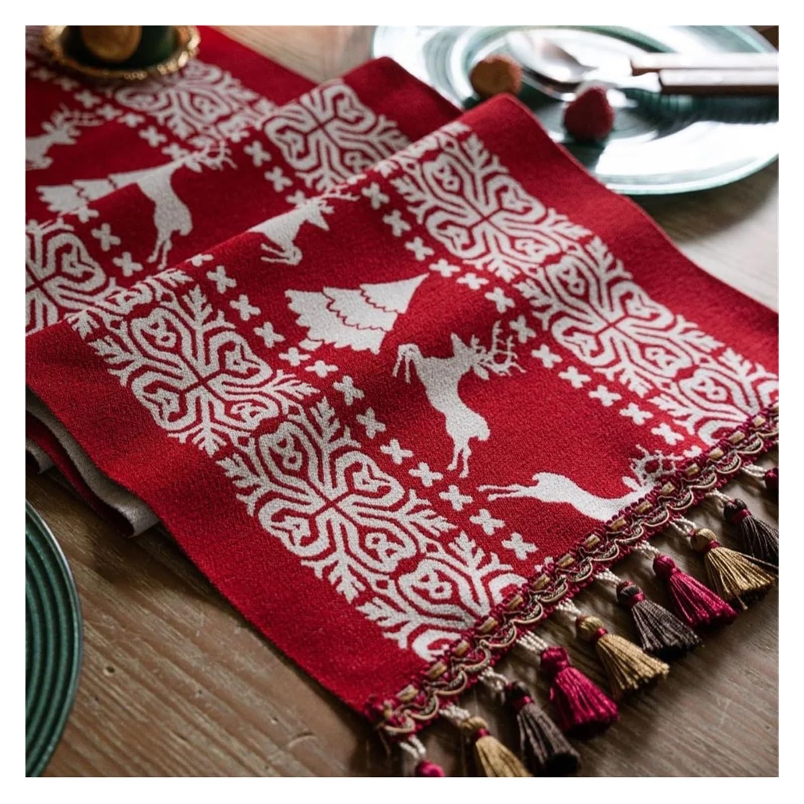 manteles Mantel navideño con Estampado de muñecos de Nieve, Camino de Mesa con Estampado de Alces navideños con borlas, decoración de Mesa navideña for Fiestas en casa(Style C,35x350cm)