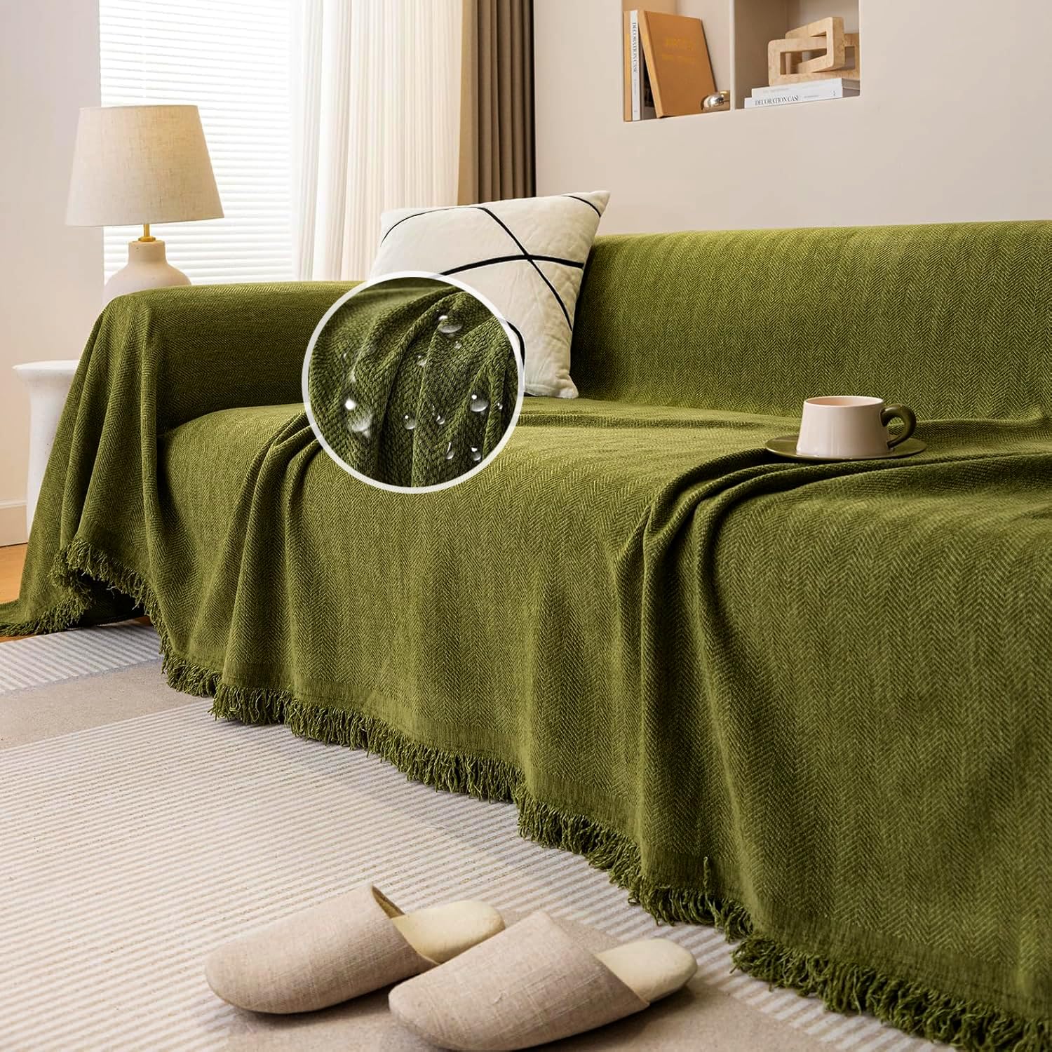 Coperta Copridivano In Ciniglia – 180x150 Cm Verde – Con Frange – Lavabile, Antipilling, Morbida – Adatta A Divani 1/2/3/4 Posti, Picnic, Letto