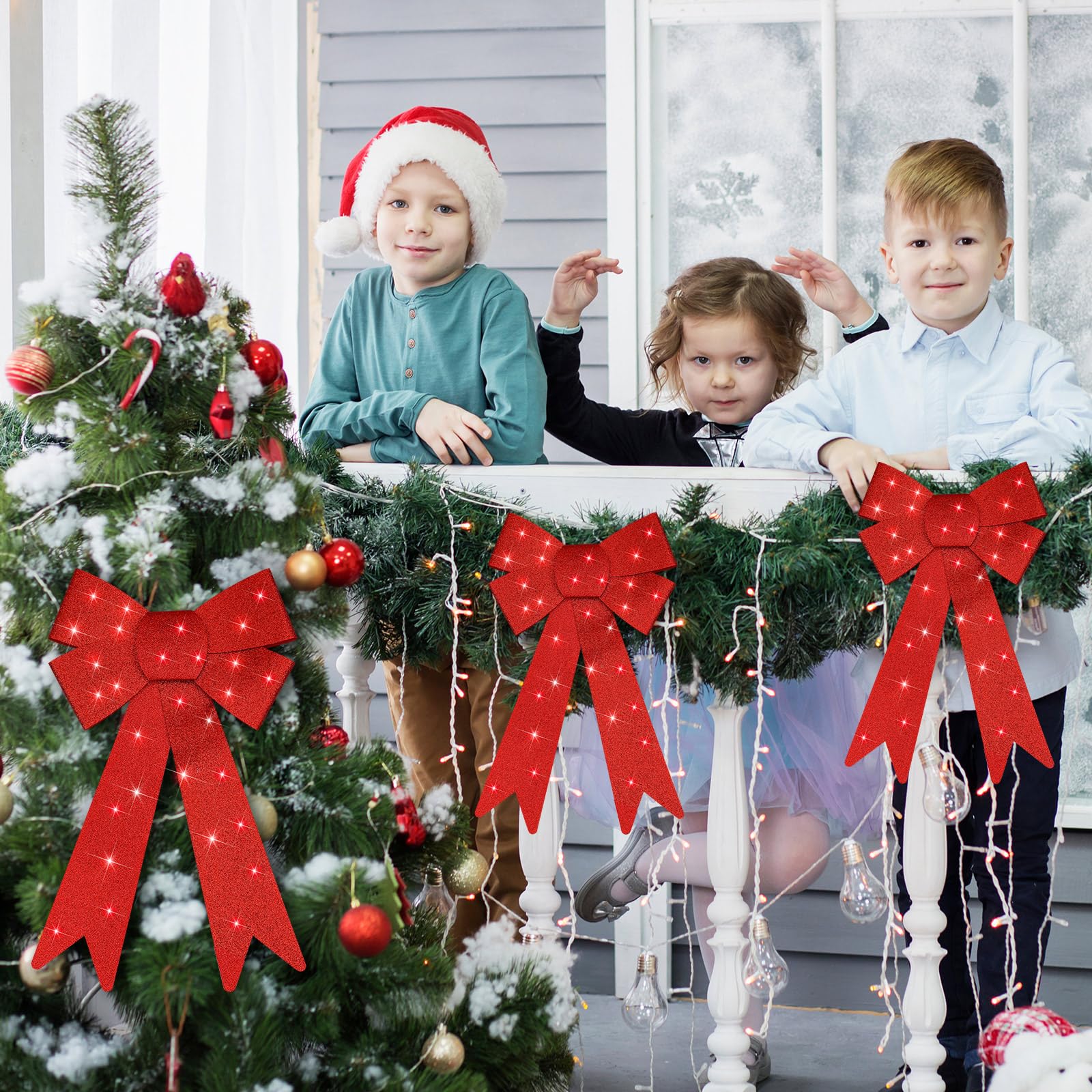 Giegxin Lot de 4 nœuds pour couronne de Noël à DEL pour décoration de sapin de Noël pour intérieur et extérieur - Grande couronne d'hiver pour porte d'entrée, décoration de fête - 45,7 x 25,4 cm