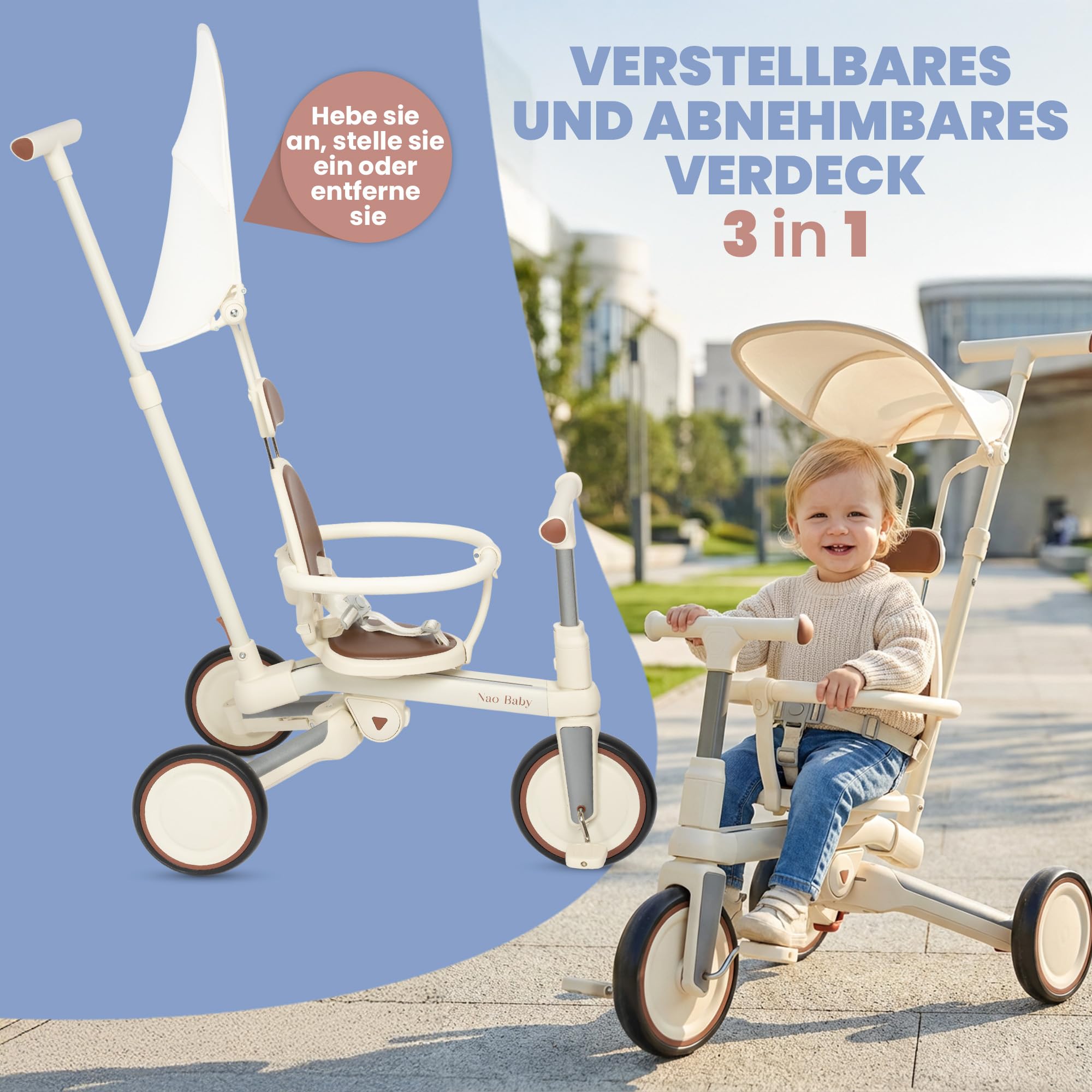 Dreirad Ab 1 Jahr mit Schubstange – Faltbar & Verstellbar, Mitwachsendes Kinder Dreirad (1–5 Jahre), Auch als Laufrad & Dreirad Ab 2 Jahre Nutzbar (Verschiedene Modelle) (Mit Kapuze)