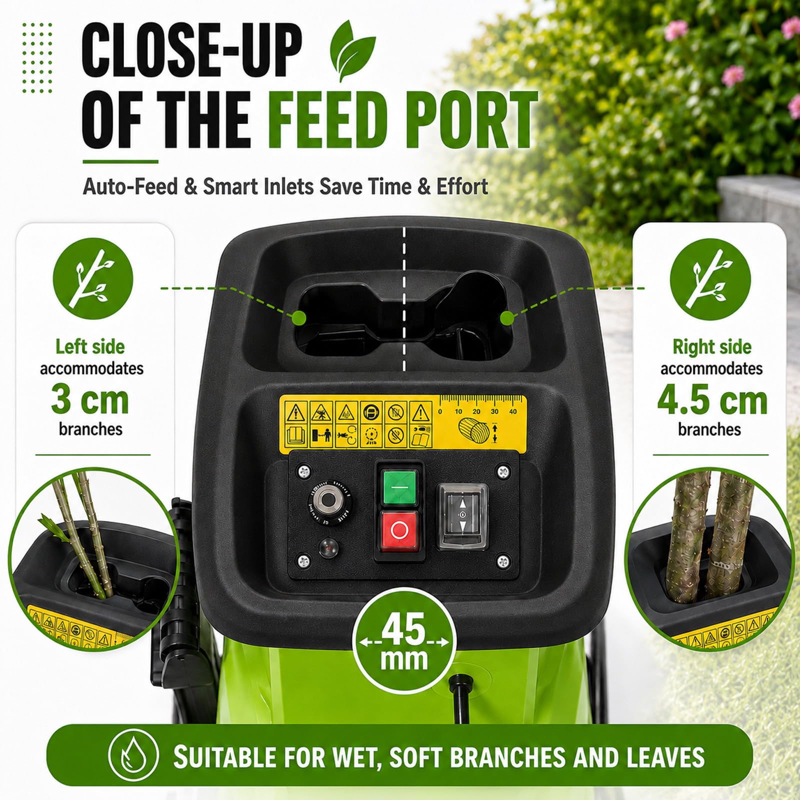 MIAOXIAOLONG Broyeur Déchiqueteuse Électrique, 2800W avec Capacité De Coupe 45mm, Bac De Collecte 60L, Système De Protection De Sécurité Et Roues Portables, pour L'entretien des Pelouses