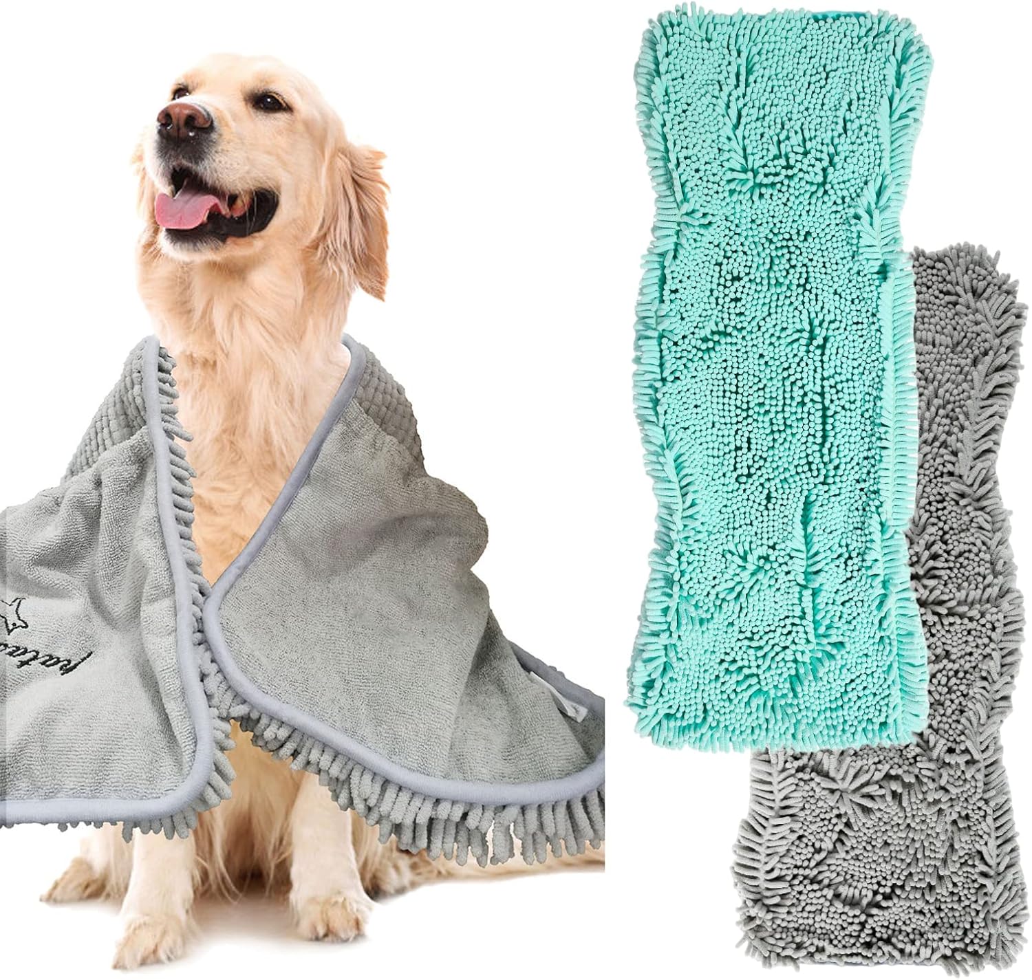 Patas Lague 2 Pack Absorbent Dog Towel for Drying Dogs Large, 35''x15'' Extra Large Microfiber Quick Drying Pet Bath Towel with Hand Pockets, Machine Washable Pet Shammy 2Grey