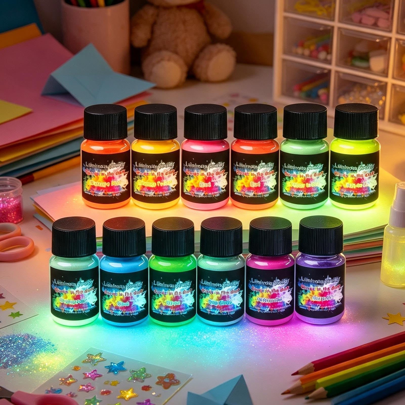Nachtleuchtpigment 12 Farben fluoreszierender Epoxidharzfarbstoff | Nachtleuchtendes Bastelpigment Für Kunstunterricht Partys Workshops Atelier Schule Klassenzimmer Zuhause Outdoor Reisen