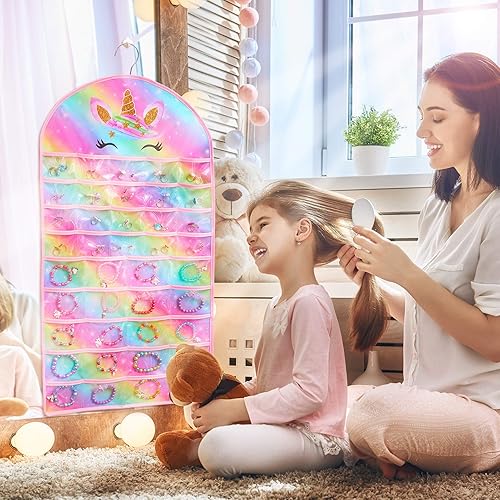Miniatura 2 de FIOBEE Organizador de joyas colgante para niñas, soporte de almacenamiento de joyas de unicornio con colgador para niños, aretes, collar, pulsera
