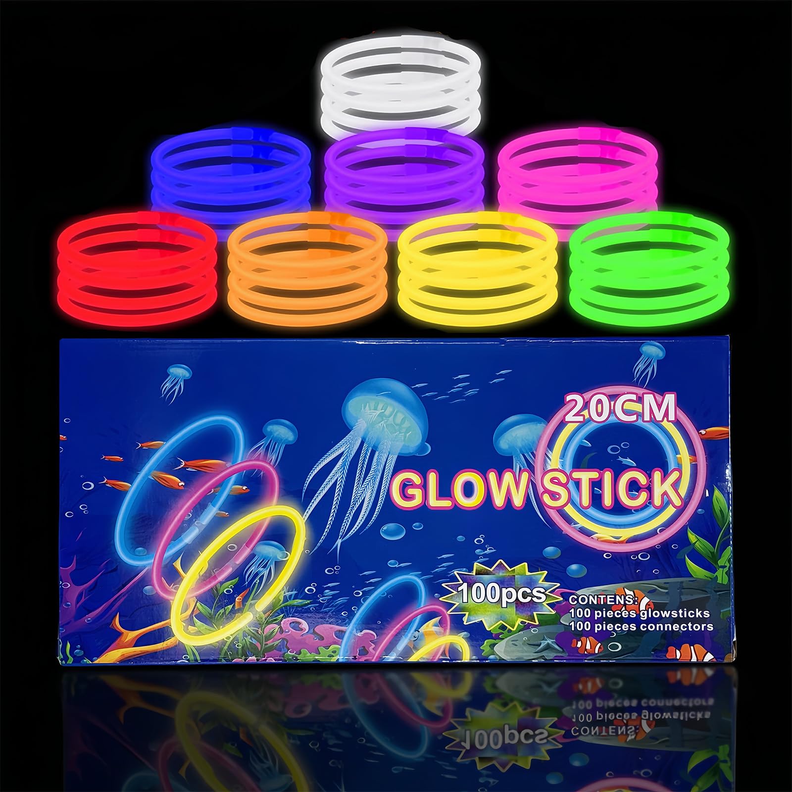 100pcs Glow Sticks Party Pack,20cm Glowsticks Glow Bracelets Necklaces for Adults and Kids,Neon Glow Sticks with Connectors Glow in the Dark for Glastonbury Festival Halloween