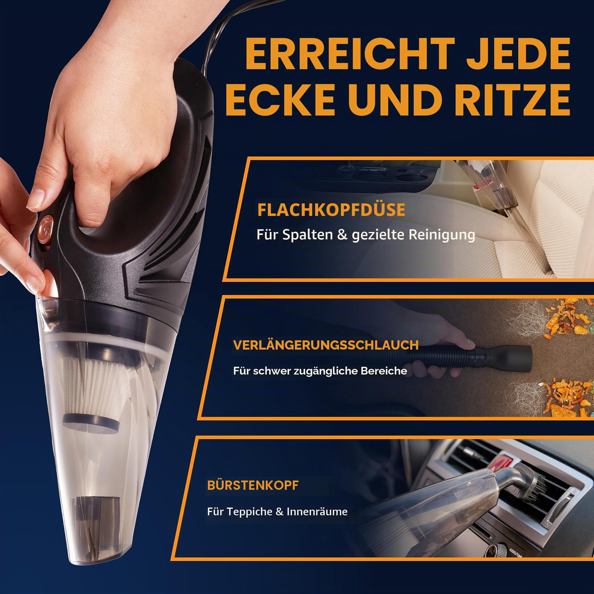 ThisWorx Beutellos Autostaubsauger mit LED-Licht – Handstaubsauger zur Auto-Reinigung – 110W 12V – Adapter zum Anschluss an den Zigarettenanzünder –4,9 m Kabel