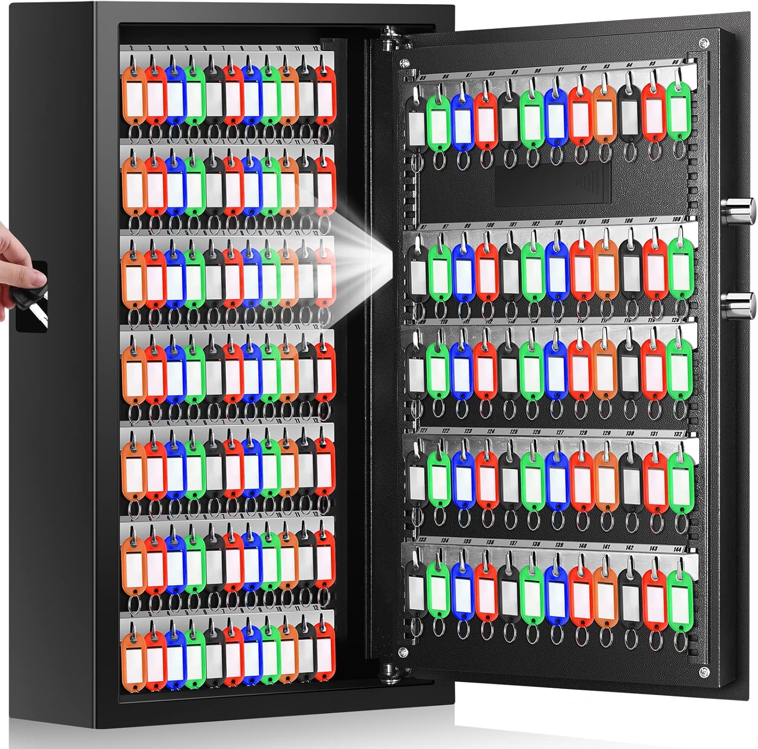 144 Keys Fireproof Key Cabinet, Anti-Theft Heavy Duty Key Lock Box with Key Tags, Adjustable Key Organizer Wall Safe with Combination Lock for Car Office House Garage Rental Business 144 Key Hooks