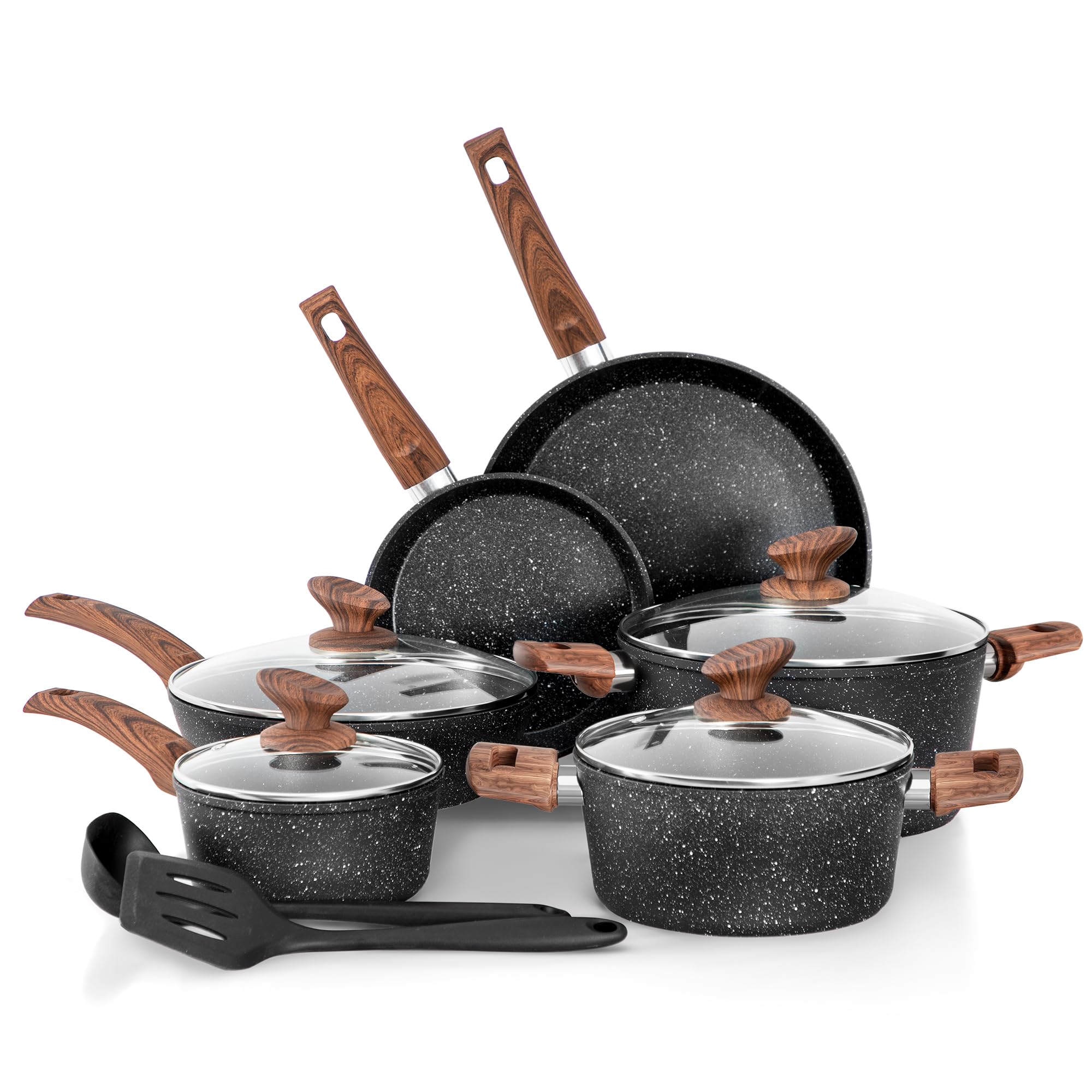 DishDelight Topfset Pfannenset Induktion Töpfe Set 12-teilige Granit-Antihaftbeschichtung Kochtopf Topf Pfannen für Induktionsherd Bratpfanne mit Glasdeckeln