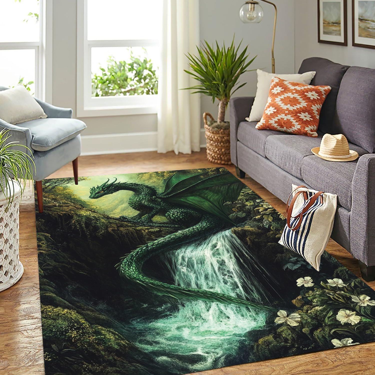 Mystical Green Dragon Rugs – Large Forest Waterfall Dragon Area Rug for Bedroom Fantasy Dragon Themed Rug for Living Room Washable Dragon Carpet Non-Slip Soft