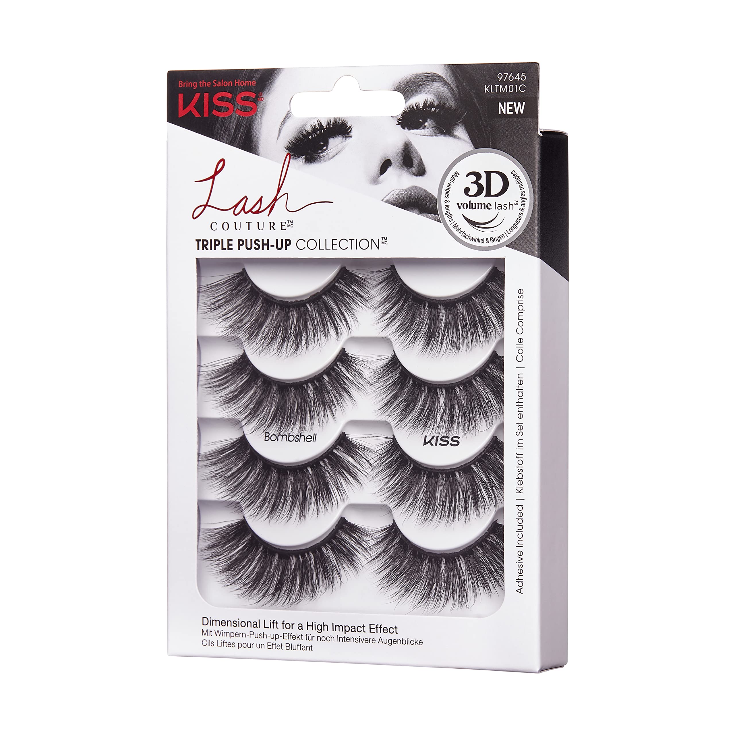 KISS Lash Couture Triple Push Up Collection 4 Paar künstliche Wimpern, Bombshell, Fake Lashes mit 3D-Volumen, tierversuchsfrei, wiederverwendbar, inklusive Wimpernkleber Schwarz (Packung mit 3)