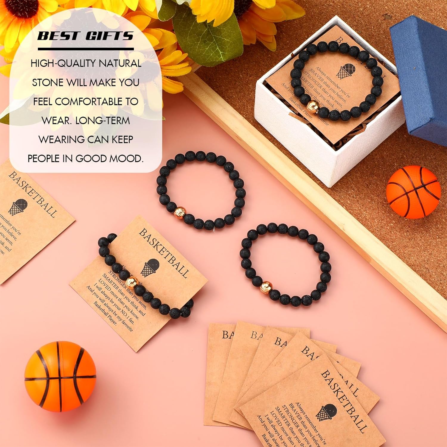 12 Sets Sport Bracelets Lave Stone Beaded Elastic Stretch Bracelets with Inspirational Card Bulk Team for Football Volleyball Golf Baseball Basketball Soccer - Image 6