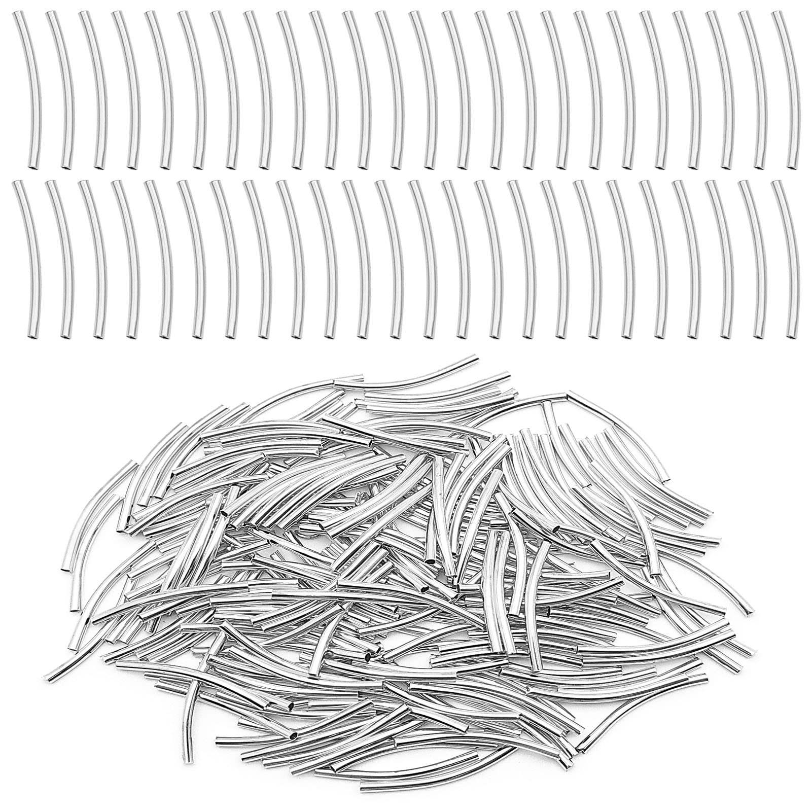 200pcs Curved Noodle Tube Spacer Beads Long Curved Noodle Tube Brass Tube  Spacer Beads Tarnish Resistant Noodles Beads for DIY Jewelry Making(White