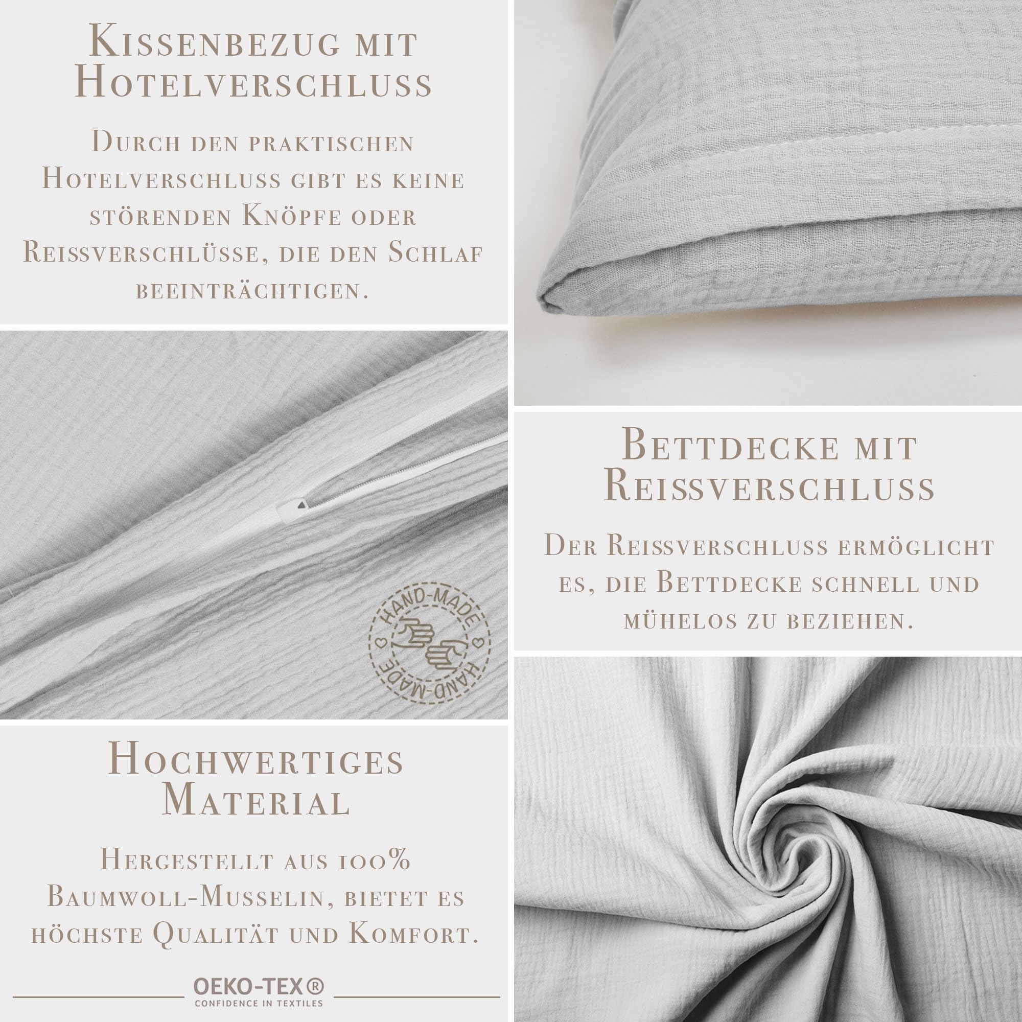 PaLulli® Komplet Pościeli z Muślinu, Poszewka na Poduszkę, Pościel Dziecięca ze 100% Bawełny Ekologicznej, Certyfikat Oeko-Tex (Szara, 155 x 220 cm, 80 x 80 cm)