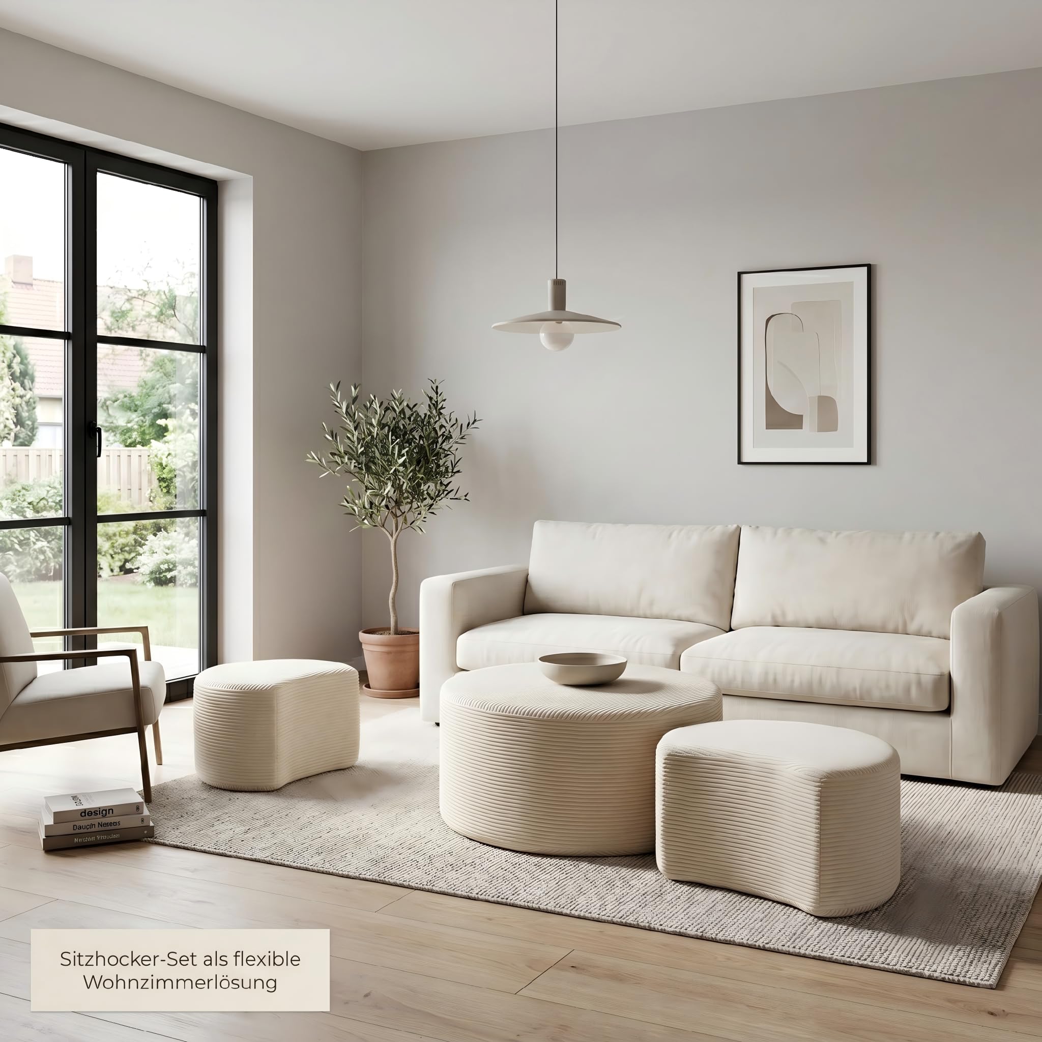 Cord Sitzhocker 2er Set Rund, Sitzpouf Beige aus Cord-Stoff, Fußhocker Wohnzimmer, Kaffeetisch Alternative, Pouf Set Groß & Klein, Ø72x38cm