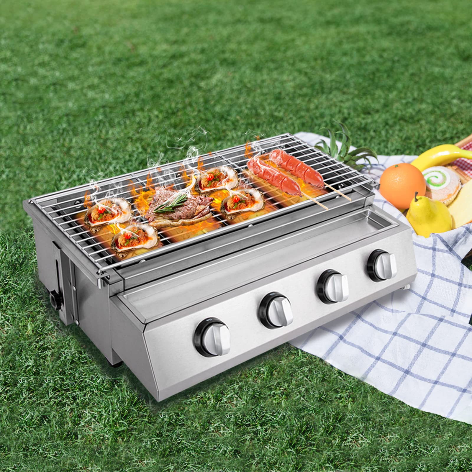 4 barbecue a gas Heat Pipe, barbecue a gas da tavolo, in acciaio inox, piccolo barbecue a gas, design di accensione indipendente, regolabile in altezza, griglia rimovibile, griglia a gas Gastro, per