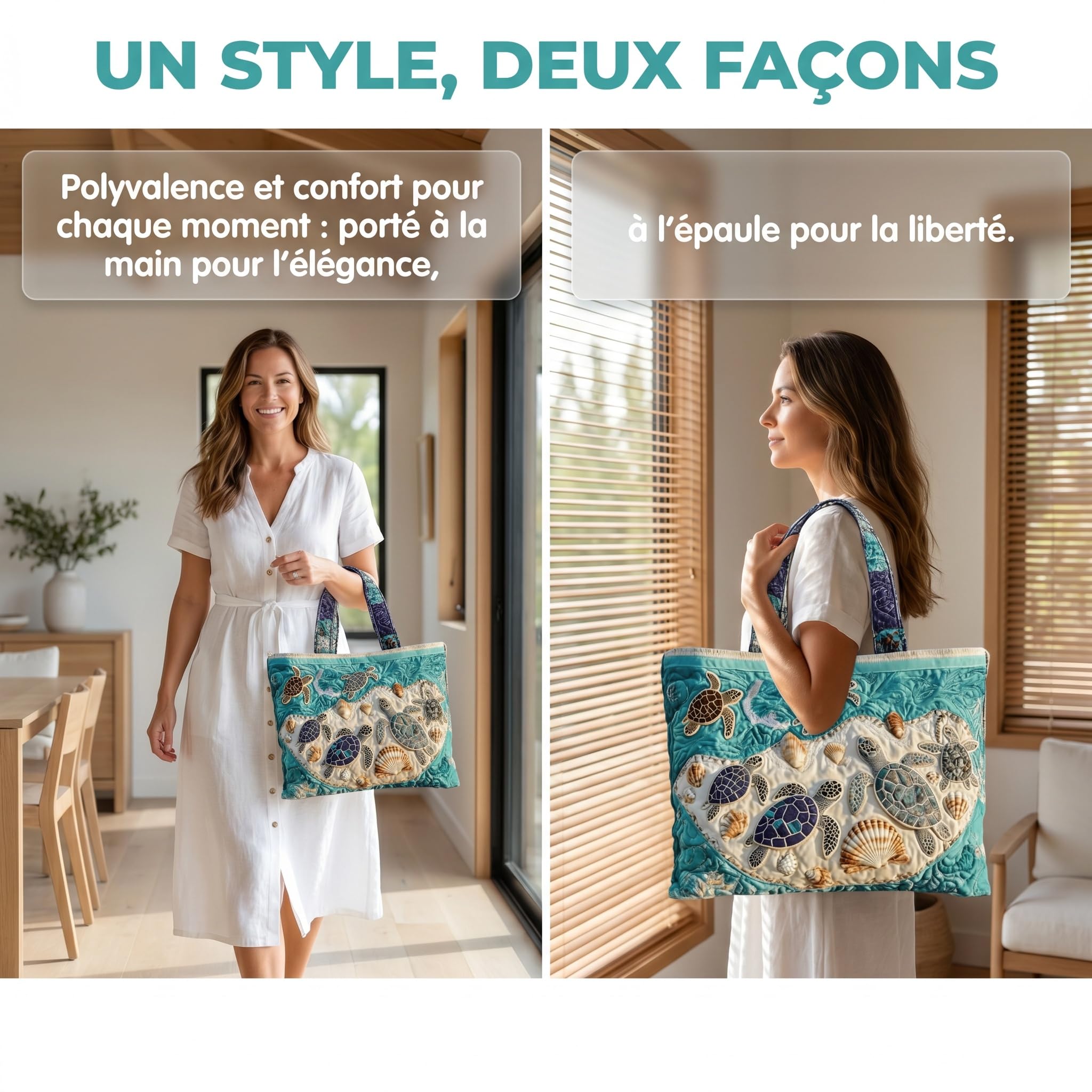Sac fourre-tout matelassé tendance léger femme motifs marins, artisanal spacieux réutilisable. Pratique voyage courses quotidien, joli cadeau pour maman