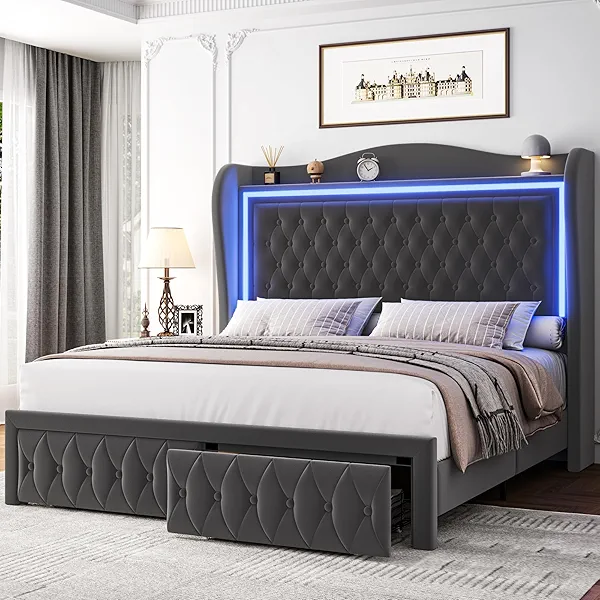 Queen Bed Frame 55" Tall Headboard with LED Lights, Buttons Tufted Velvet Upholstered Platform Bed Frame with 2 Storage Drawers, Wood Slats Support Mattress Foundation, No Box Spring Needed, Grey