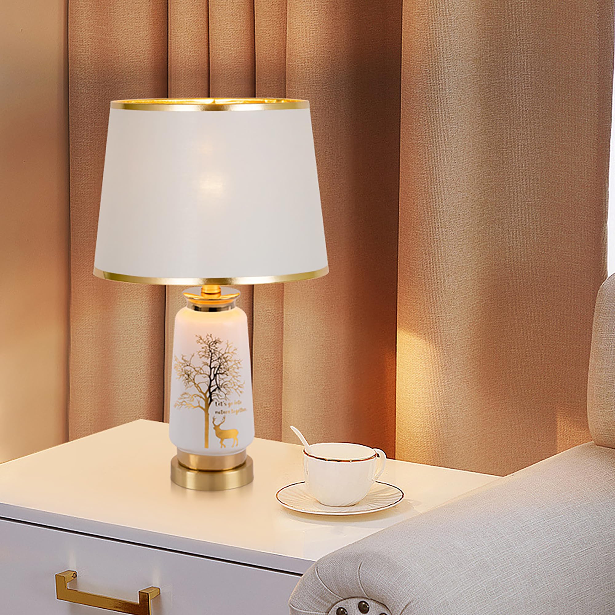 XINYASEE Lampe de table en céramique peinte, lampe de chevet rétro avec abat-jour en tissu,lampe de bureau, llampe à poser pour la chambre à coucher et le salon E27 (Blanc)