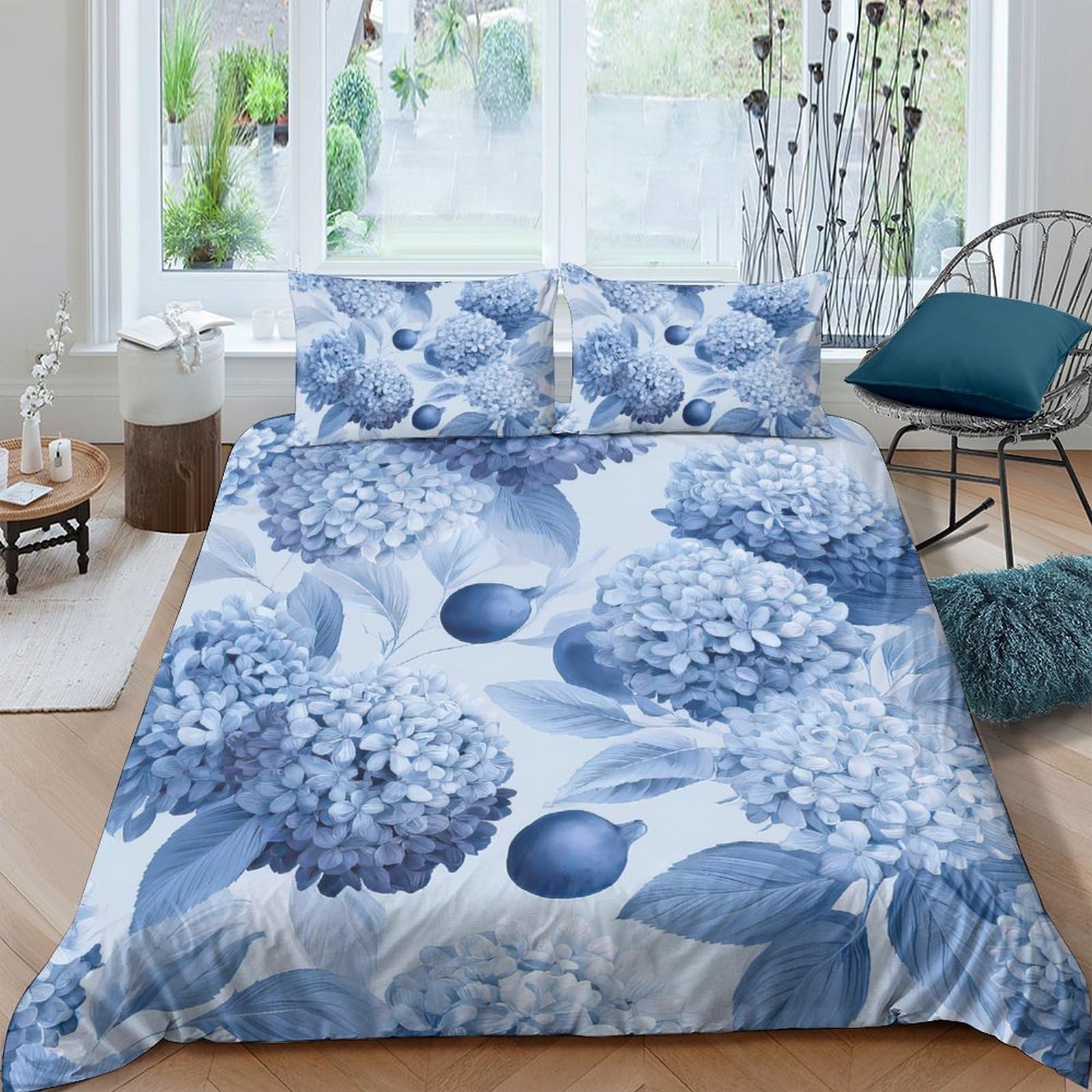 Ctjqhvkz Style-4 3D Printed Blue Hydrangea Fitted Sheet Microfiber Soft Floral Mattress Cover For Bedroom Guest Room Decor Easy Care Single（135X200cm）