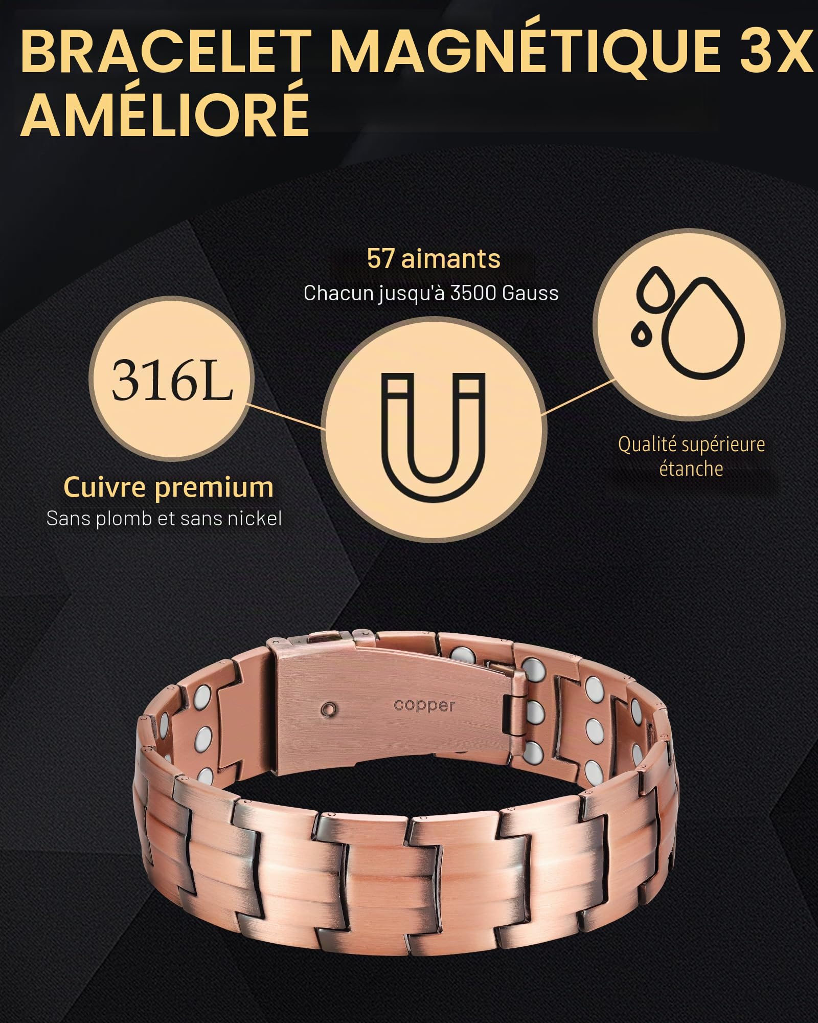 Jeracol Bracelet magnétique pour homme avec aimants de 3500 gauss, outil de retrait de maillons et coffret cadeau