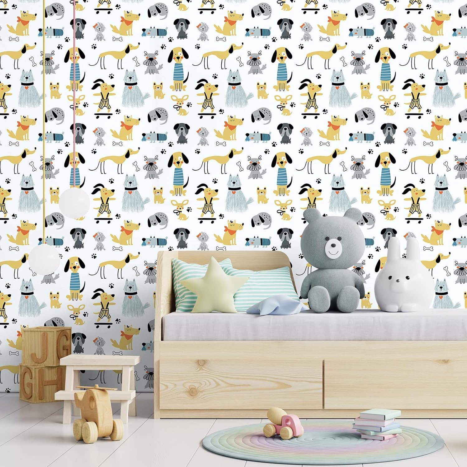 12"x472" Cartoon Dog Peel and Stick Wallpaper Cute Paw Prints Puppy Animal Wallpaper for Kids Room Nursery Playroom Self Adhesive Removable Dog Contact Paper for Cabinets Desks Shelf Liners