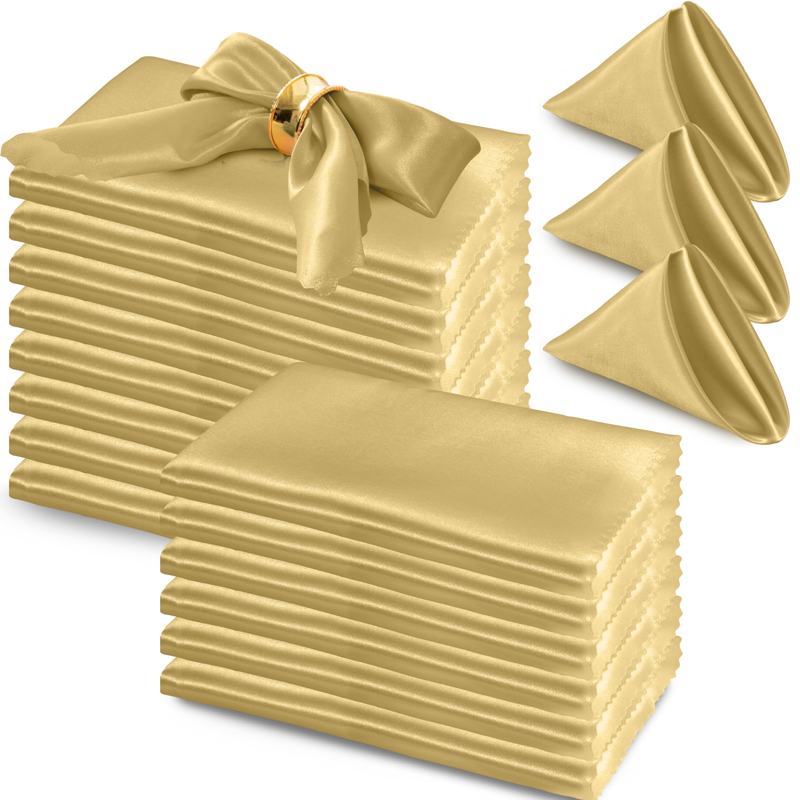 RUDONG M 72 Pack Gold Satin Napkin, 17 x 17 Inch Square Cloth Napkins, Soft Fabric Napkin with Scalloped Edges, Reusable & Washable Dinner Table Napkins for Weddings, Banquet, Parties Decoration
