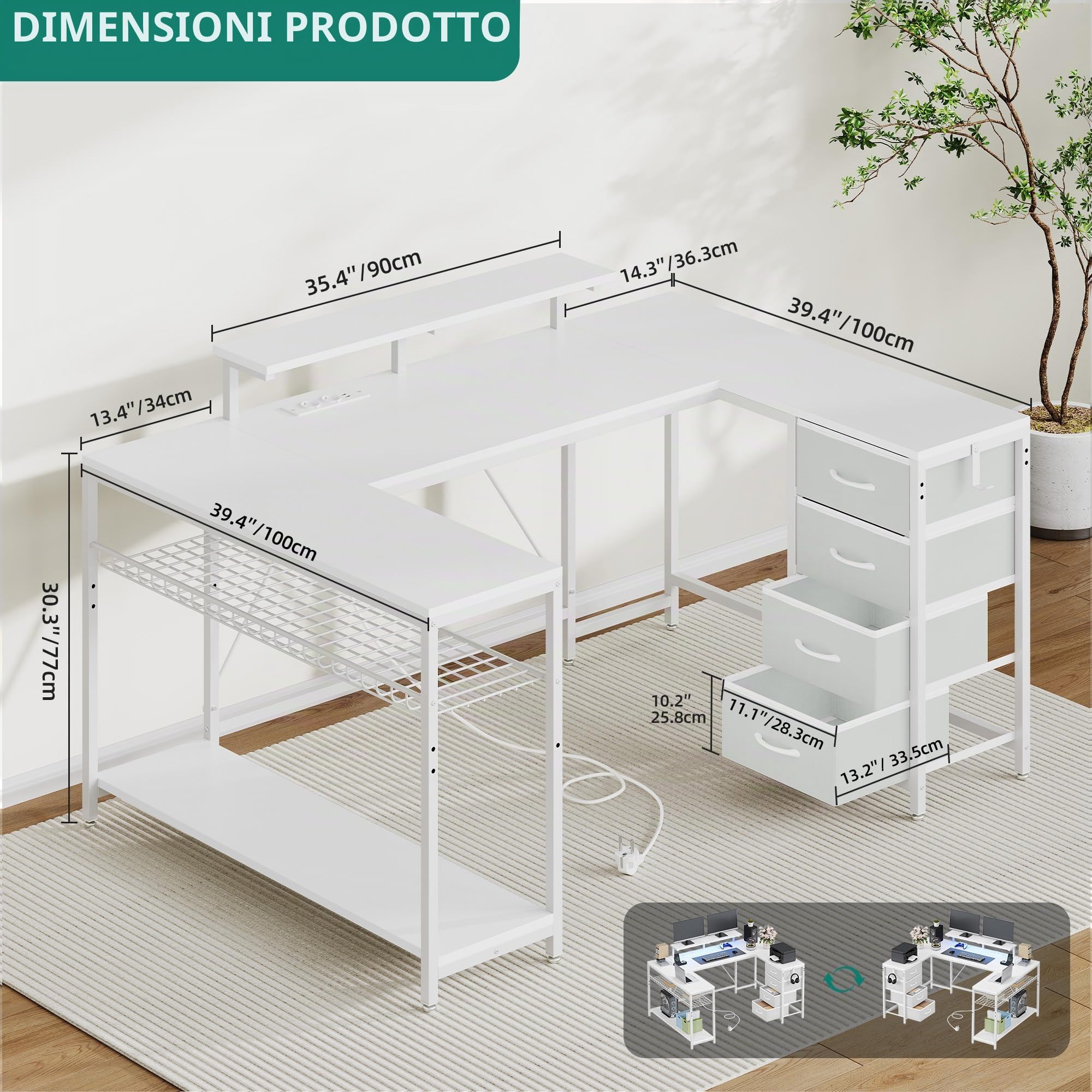 YITAHOME Scrivania angolare con 4 cassetti e spazio di archiviazione, scrivania da gioco con LED e supporto per monitor per casa, ufficio, scrivania angolare reversibile con 2 prese e 2 porte di