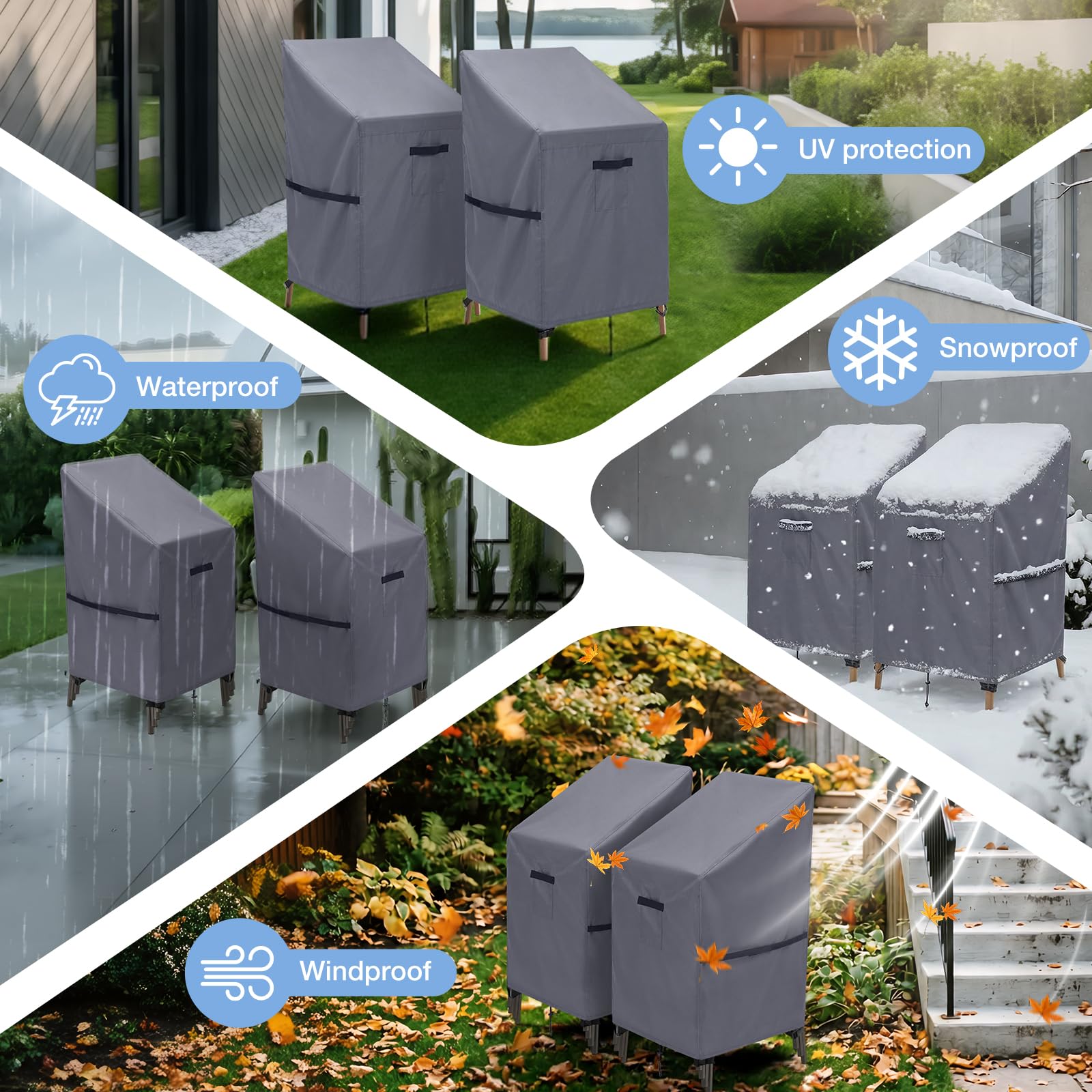GARPROVM Funda para Sillas de Jardín 2 Pack, 70x70x80/120cm Cubierta para Sillas Apilables, Tela Oxford Impermeable de Funda con Ventilación para Sillas de Balcón y Terraza, Gris