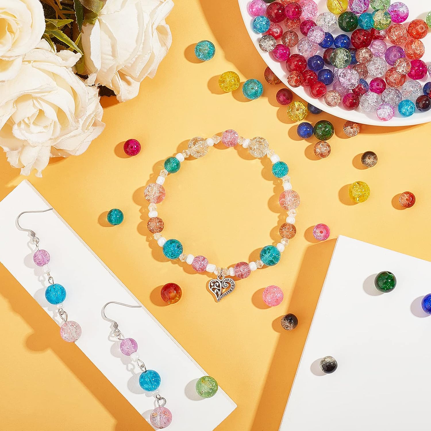 PH PandaHall 600pcs 8mm Crackle Glass Beads 24 Color Crystal Glass Beads Round Loose Beads for Christmas Tree Ornament Bracelet Summer Beading Fishing Friendship Bracelet Mother's Day Jewelry Making