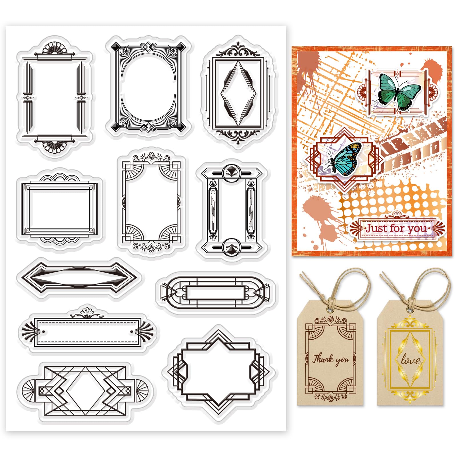 INFUNLY Label Clear Stamp Label Borders Silicone Stamp for Card Making 6.3"×4.3" Tag Silicone Clear Stamp Transparent Rubber Stamp for DIY Scrapbooking Photo Albums Holiday Birthday Cards